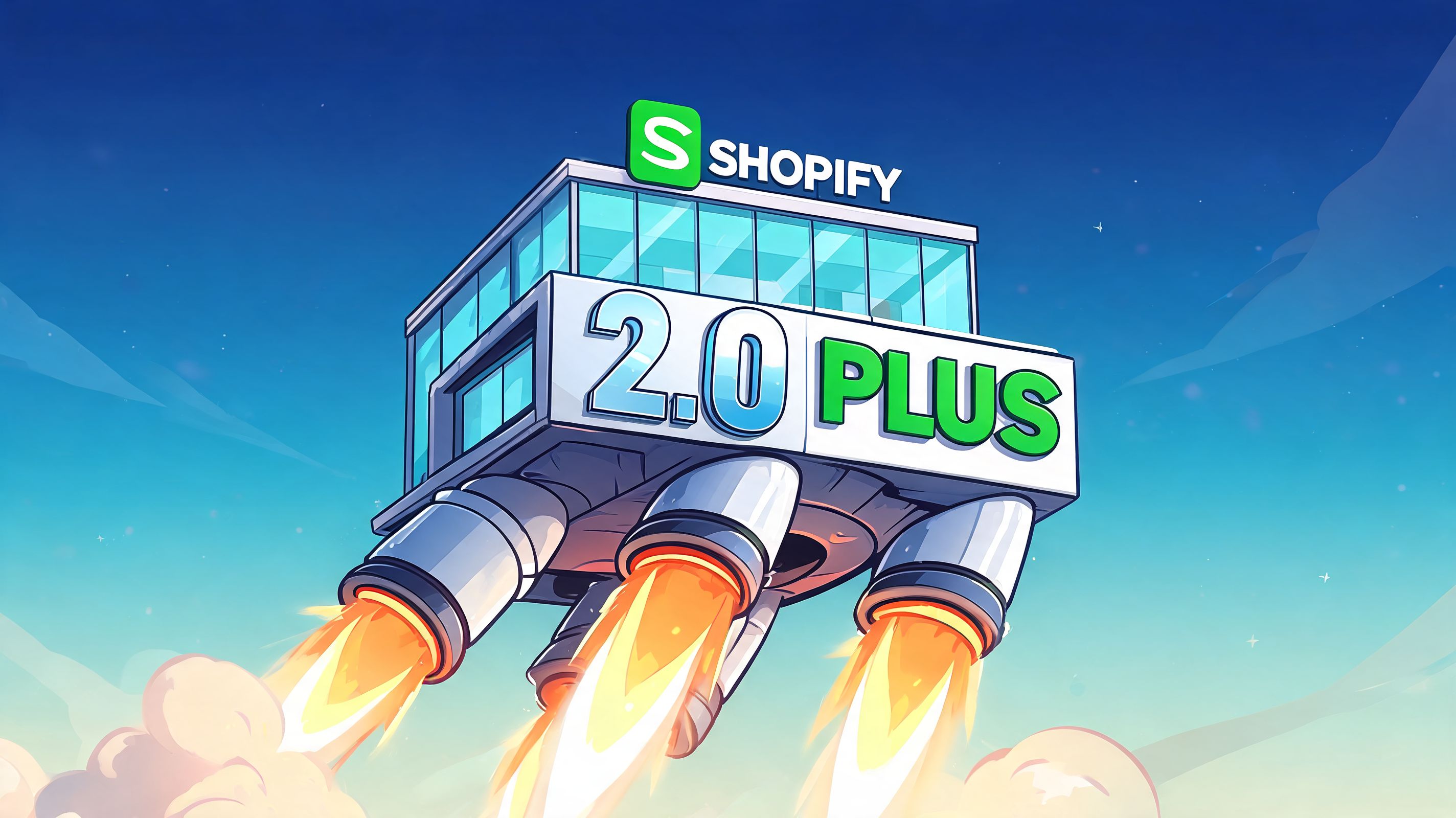 A digital illustration of a futuristic Shopify building taking flight like a rocket ship into space.