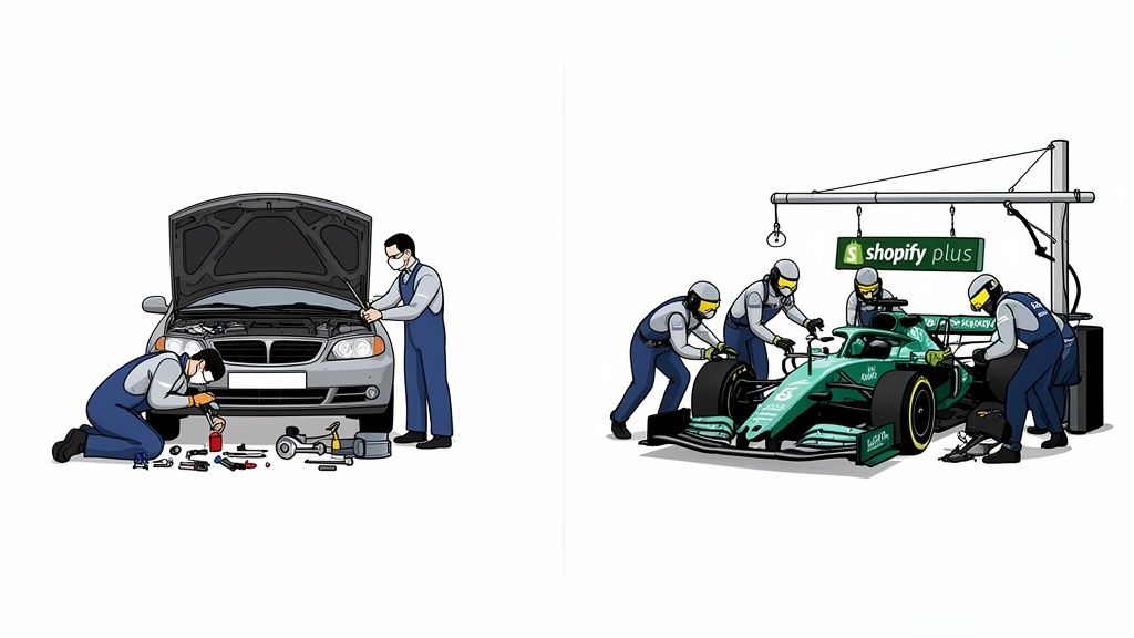 Contrasting scenes of mechanics working on a car and a pit crew servicing a Shopify Plus F1 race car.