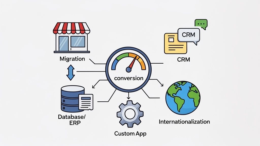 An infographic illustrating business conversion metrics connected to migration, CRM, database, internationalization, and custom applications.