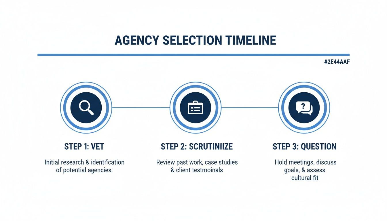 Timeline for agency selection process with three steps: vet, scrutinize past work, and question cultural fit.