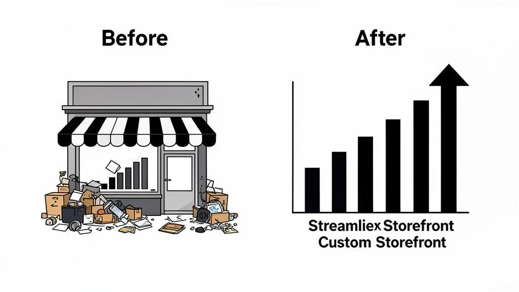 Before and after image contrasting a cluttered storefront with a successful, growing business chart.
