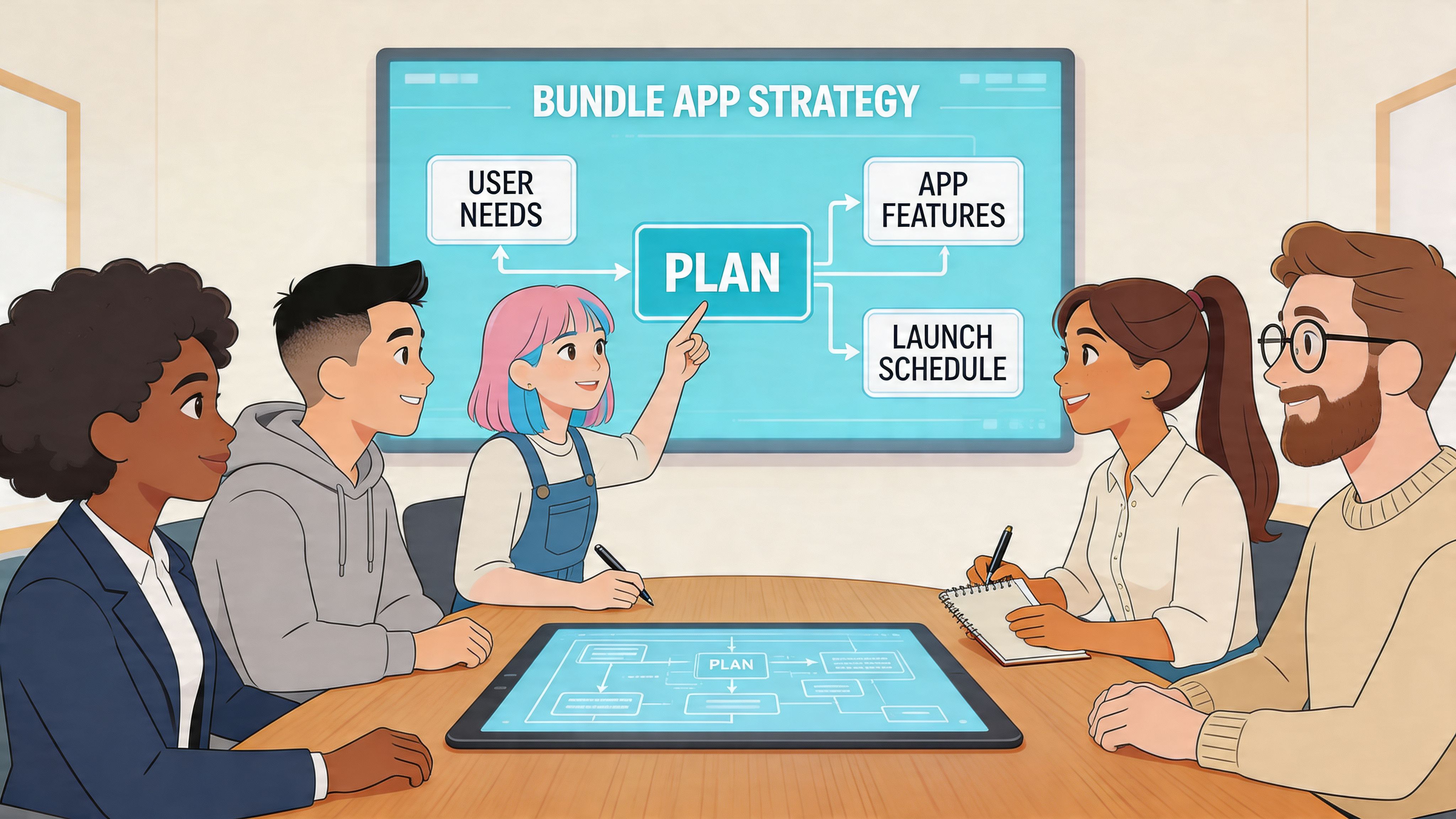 A diverse team collaborating on a bundle app strategy in a modern office meeting room setting.