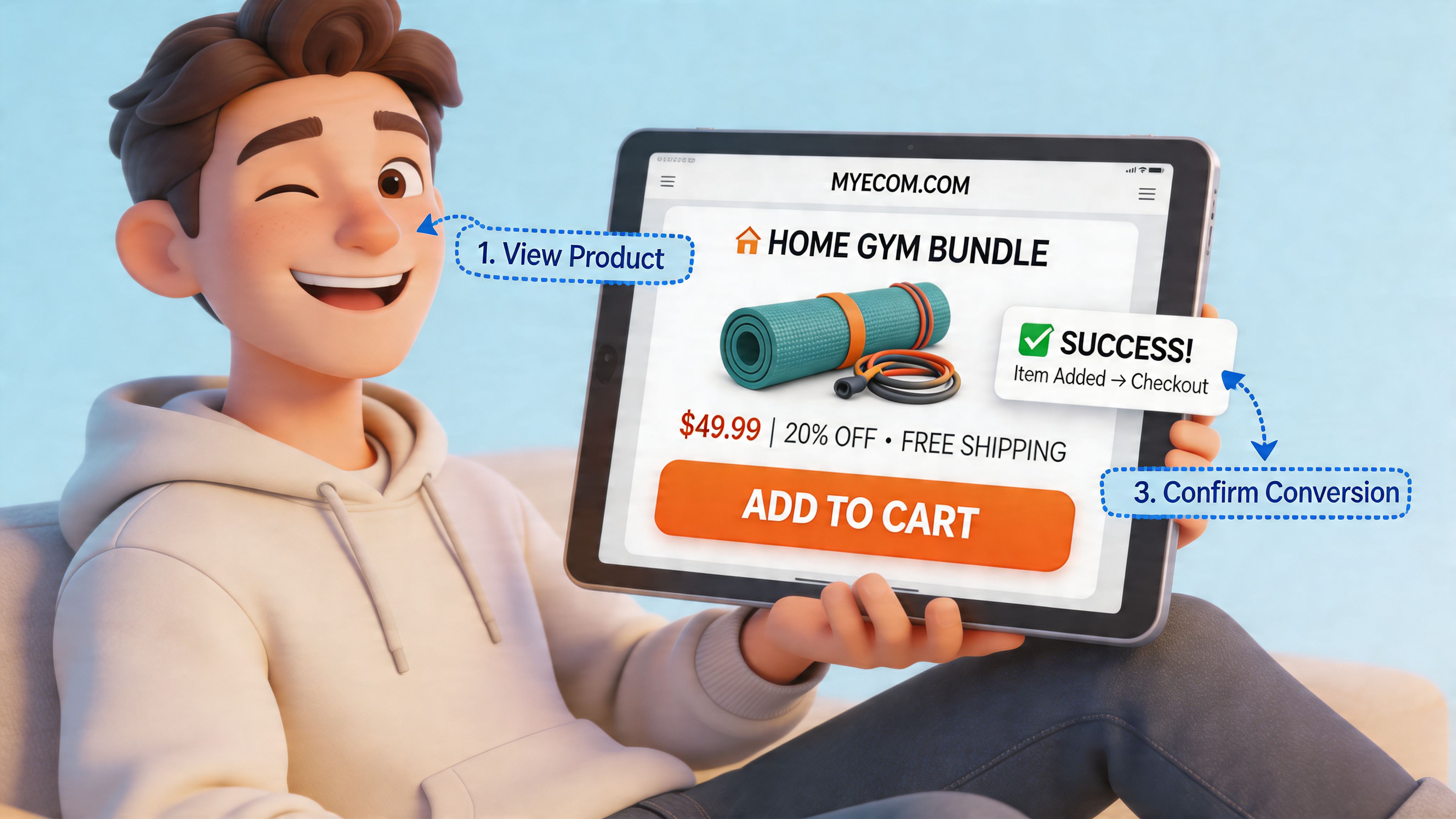 A 3D character holding a tablet displaying a home gym bundle product page with an e-commerce checkout confirmation.