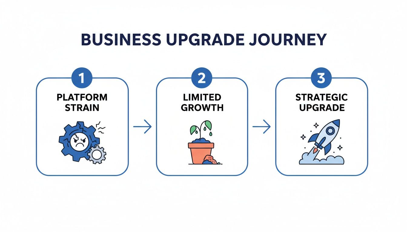 An infographic showing a three-step business upgrade journey from platform strain to strategic upgrade.