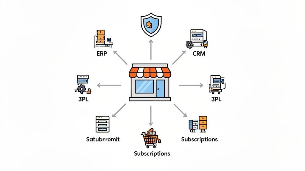 A diagram illustrates a central shop integrating with ERP, CRM, 3PL, and subscription services, secured by a shield.