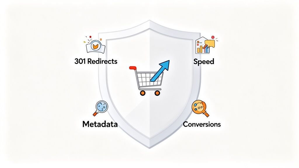 Shield protecting an e-commerce shopping cart, showing growth through 301 redirects, speed, metadata, and conversions.