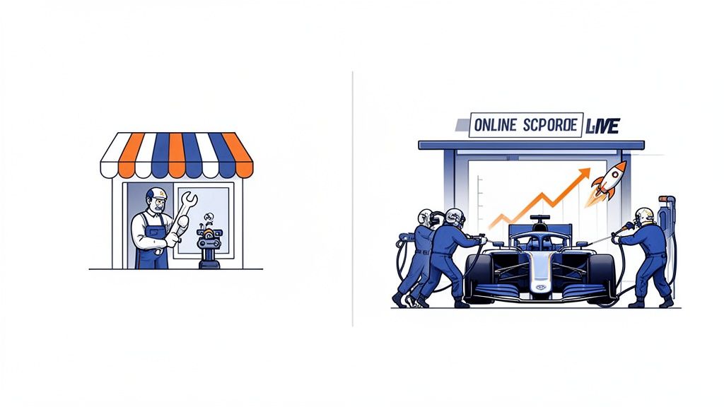 Illustration contrasting a traditional mechanic shop with a modern F1 pit stop and online business growth.
