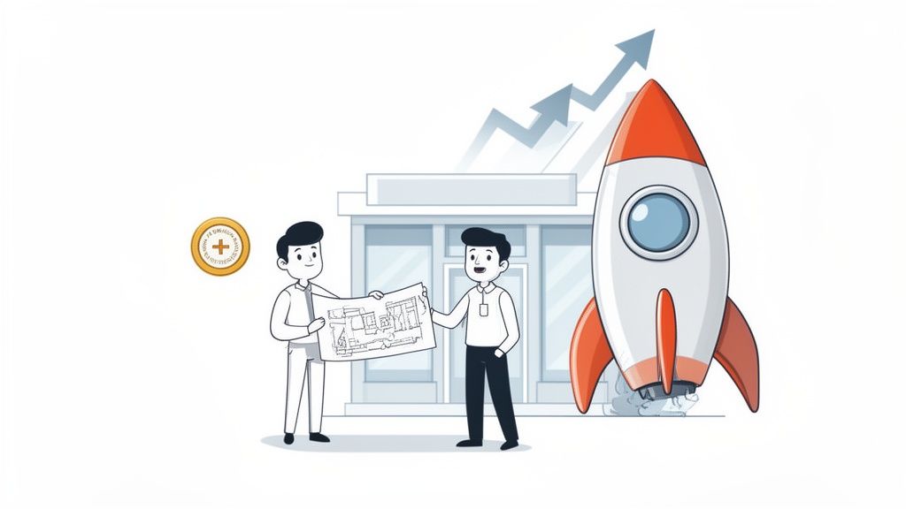 Two men with blueprints, a launching rocket, and an upward growth chart symbolize business strategy and success.
