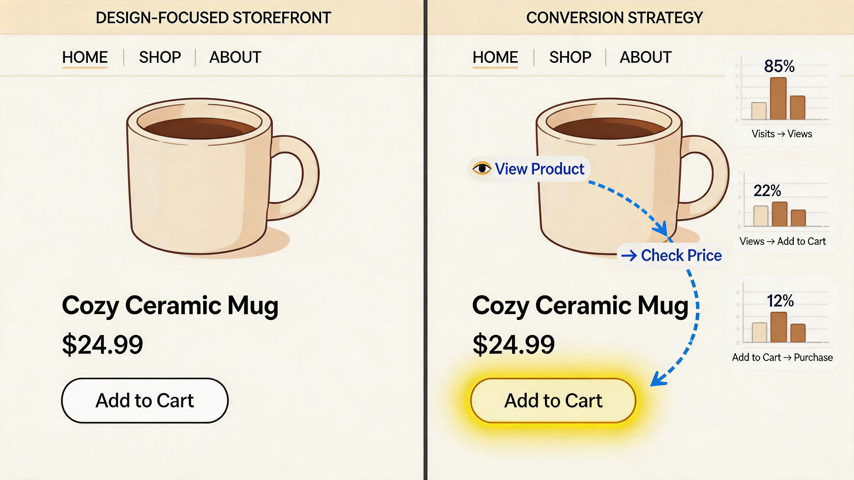 A comparison between a basic design-focused storefront and a conversion-strategy optimized Shopify online store product page.