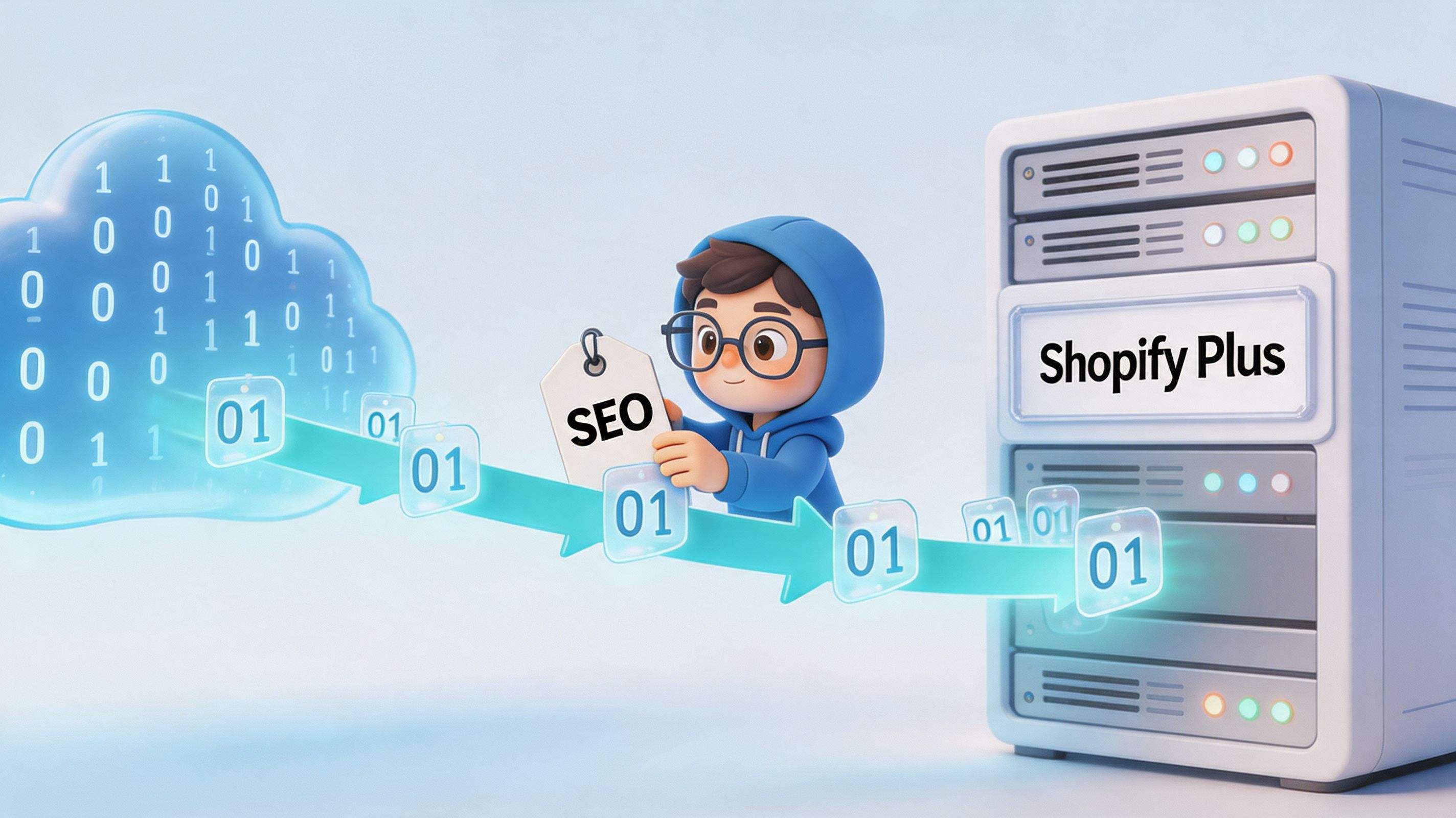 A 3D character tagging digital cloud data with SEO labels to transfer information to Shopify Plus.