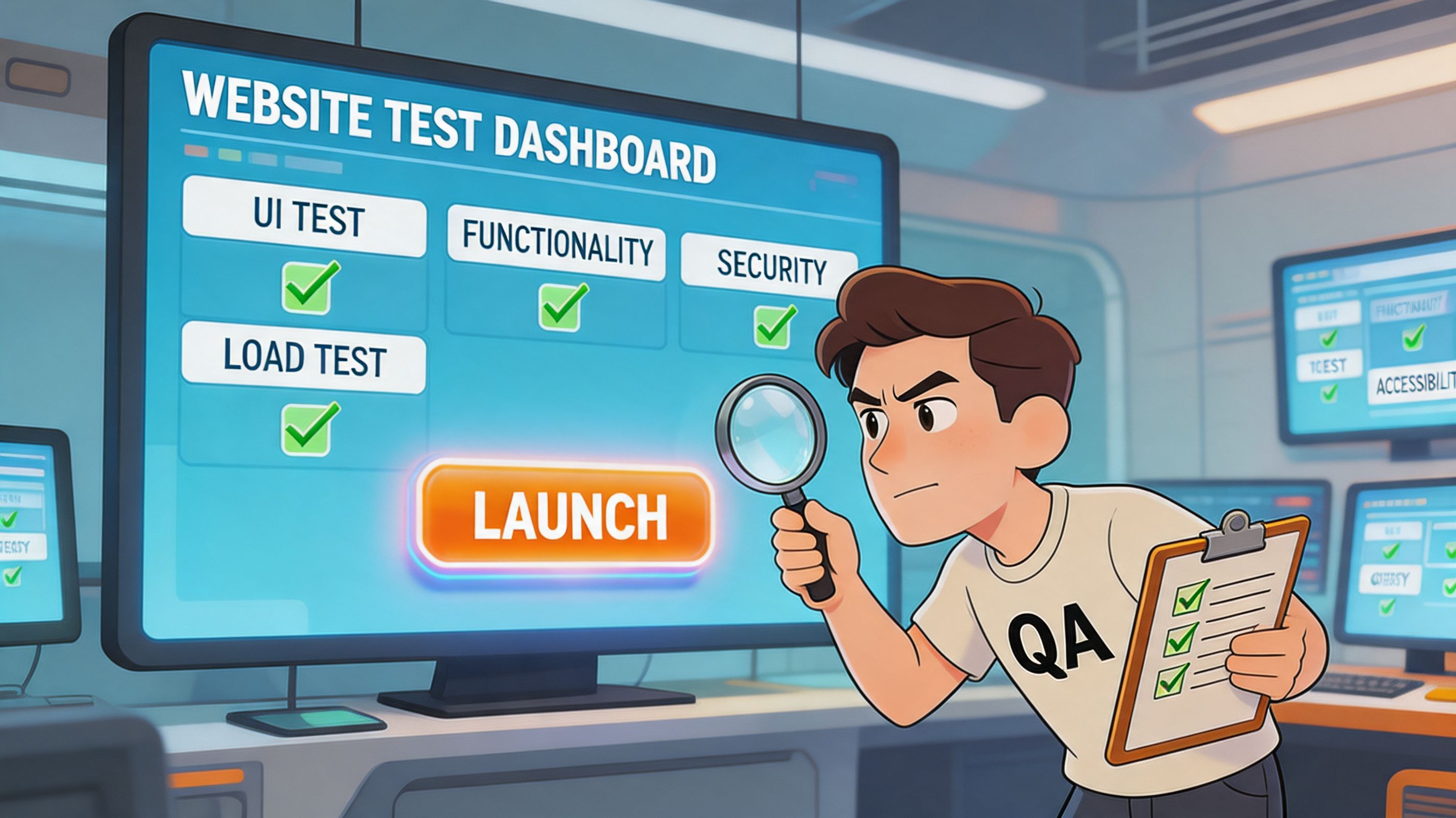A QA tester in a digital office environment examining a website testing dashboard with a magnifying glass.