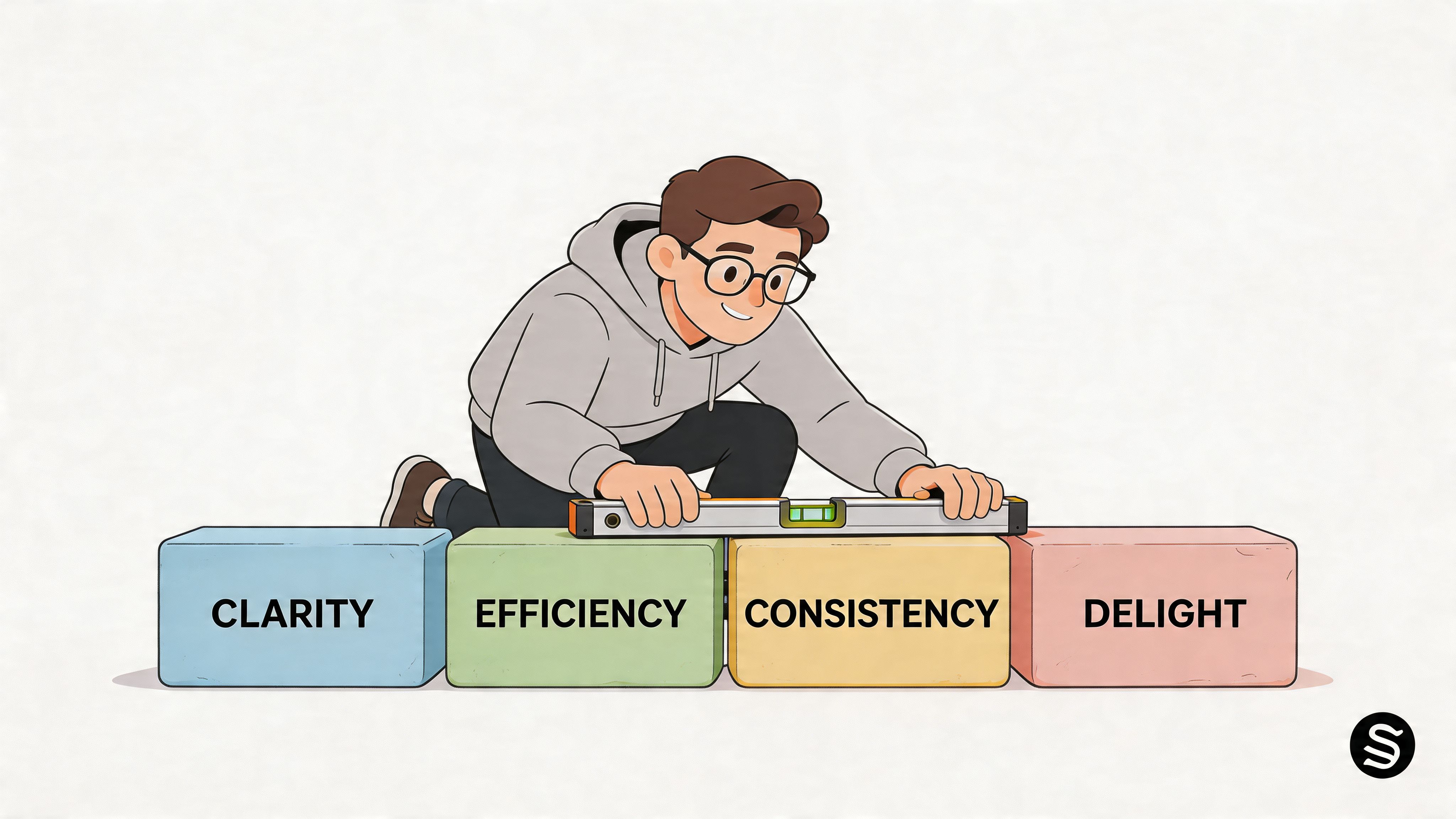 An illustrated designer using a spirit level to ensure the blocks of Clarity, Efficiency, Consistency, and Delight align.