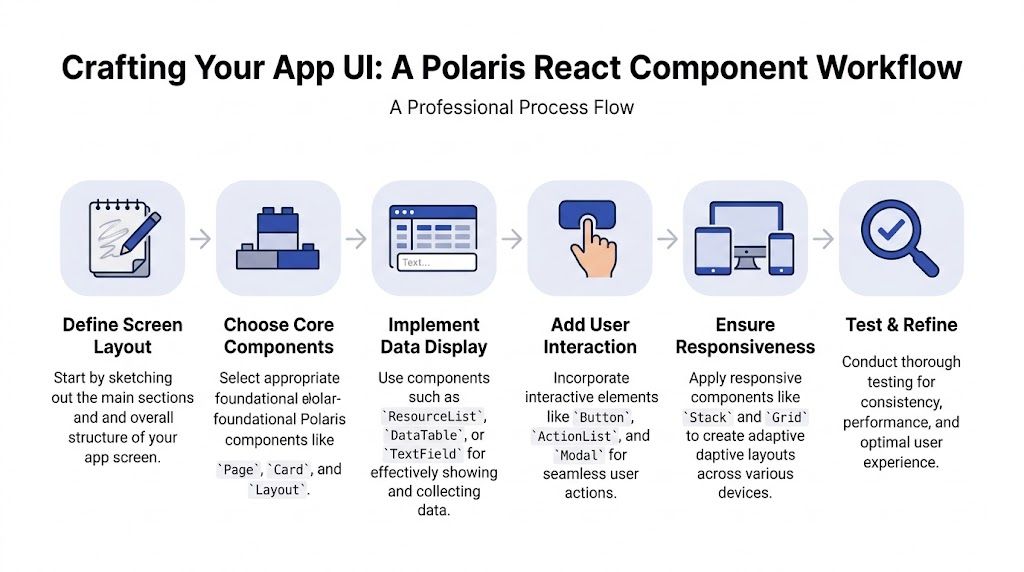 A six-step infographic illustrating the Polaris React component workflow for designing Shopify application user interfaces.