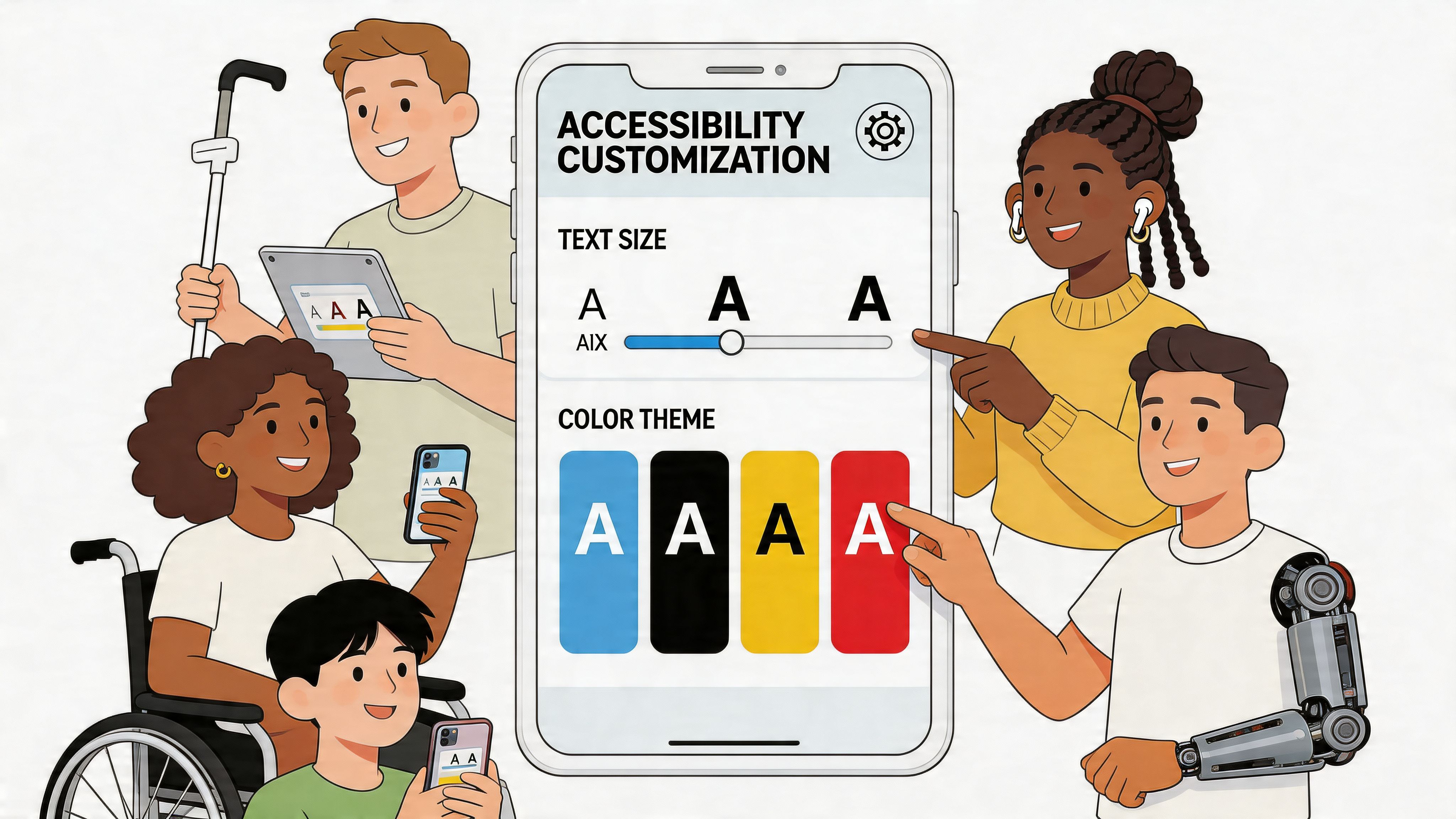 A diverse group of people with disabilities interacting with an accessibility customization app on a smartphone screen.