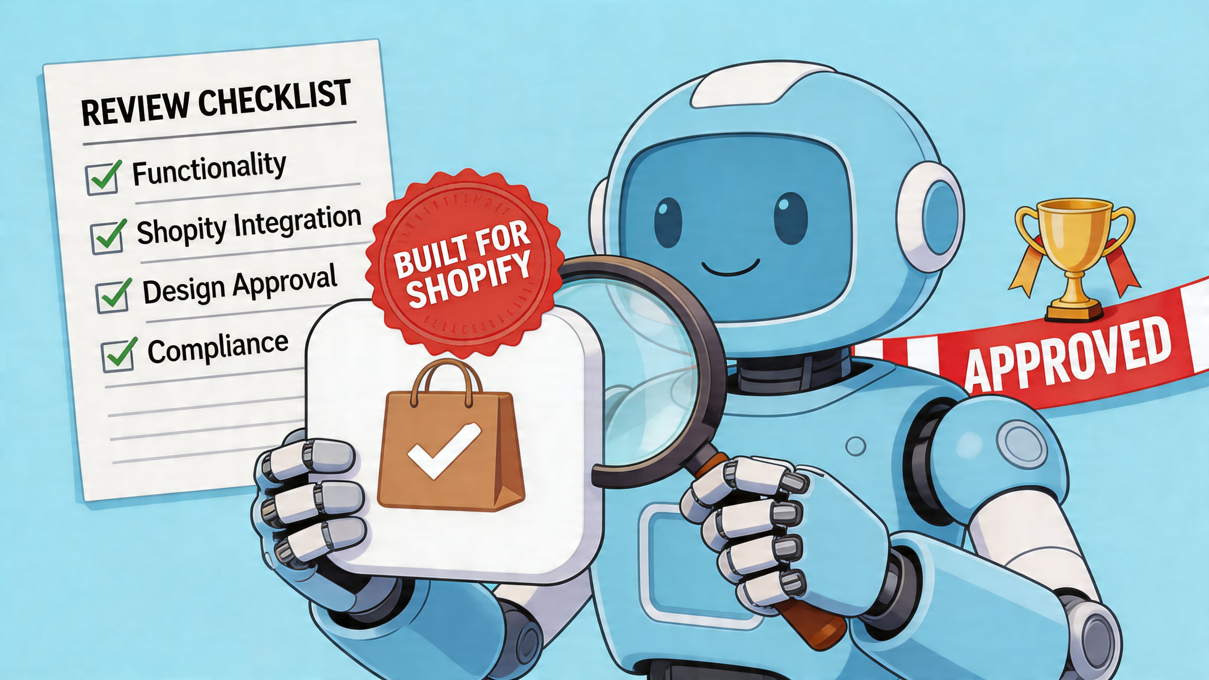 A friendly blue robot checking off a Shopify compliance list with a magnifying glass and golden trophy.