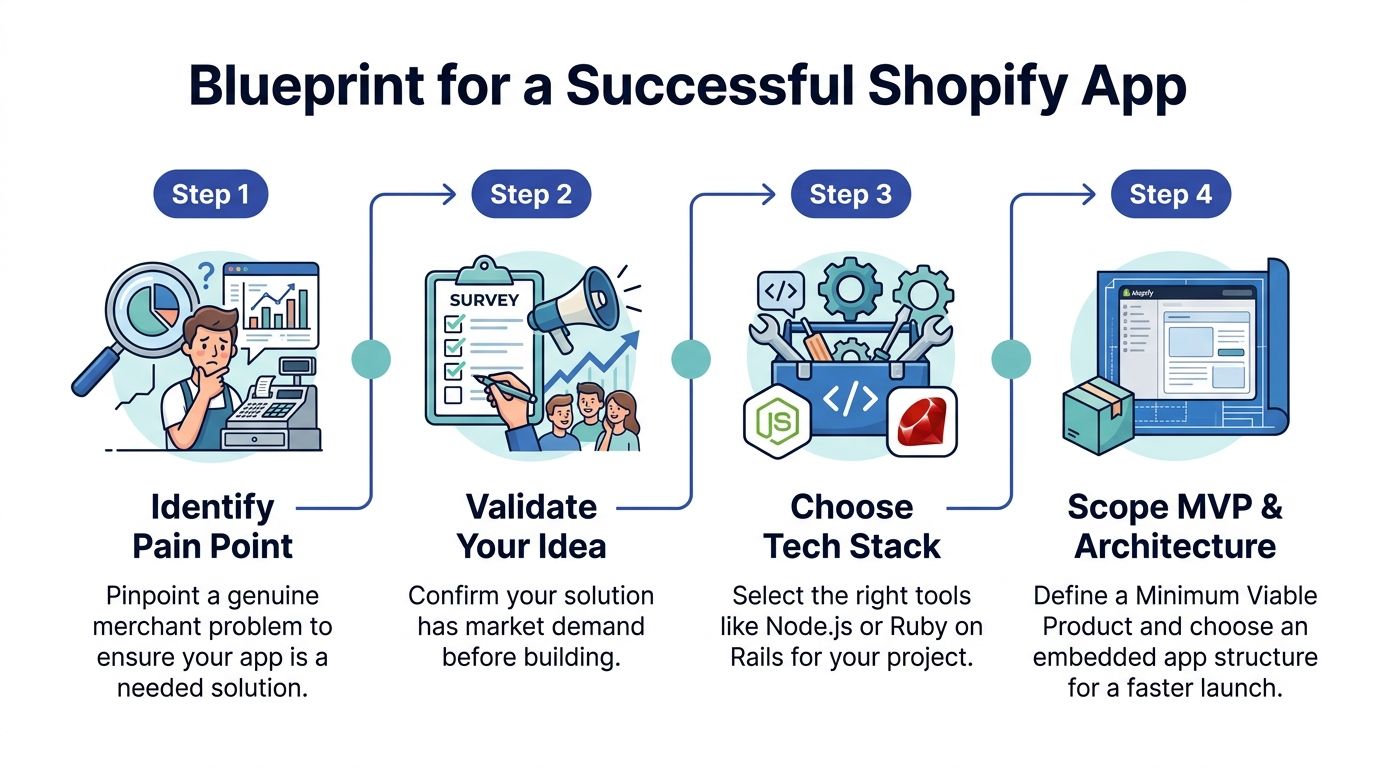 A four-step infographic illustrating the process for building a successful Shopify application, from identifying problems to architecture.