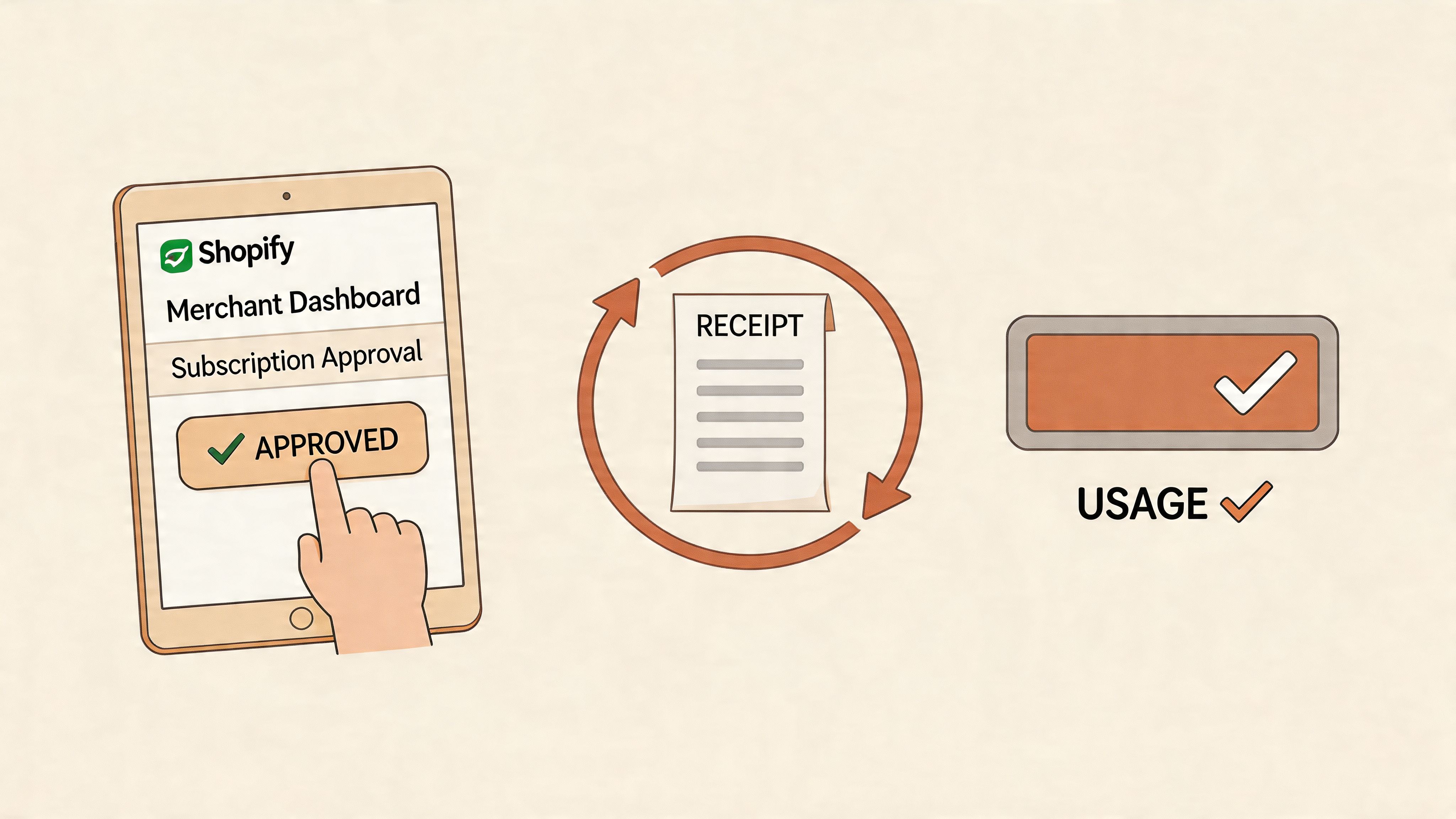 A diagram illustrating the Shopify merchant dashboard subscription approval process, featuring a receipt icon and usage confirmation.