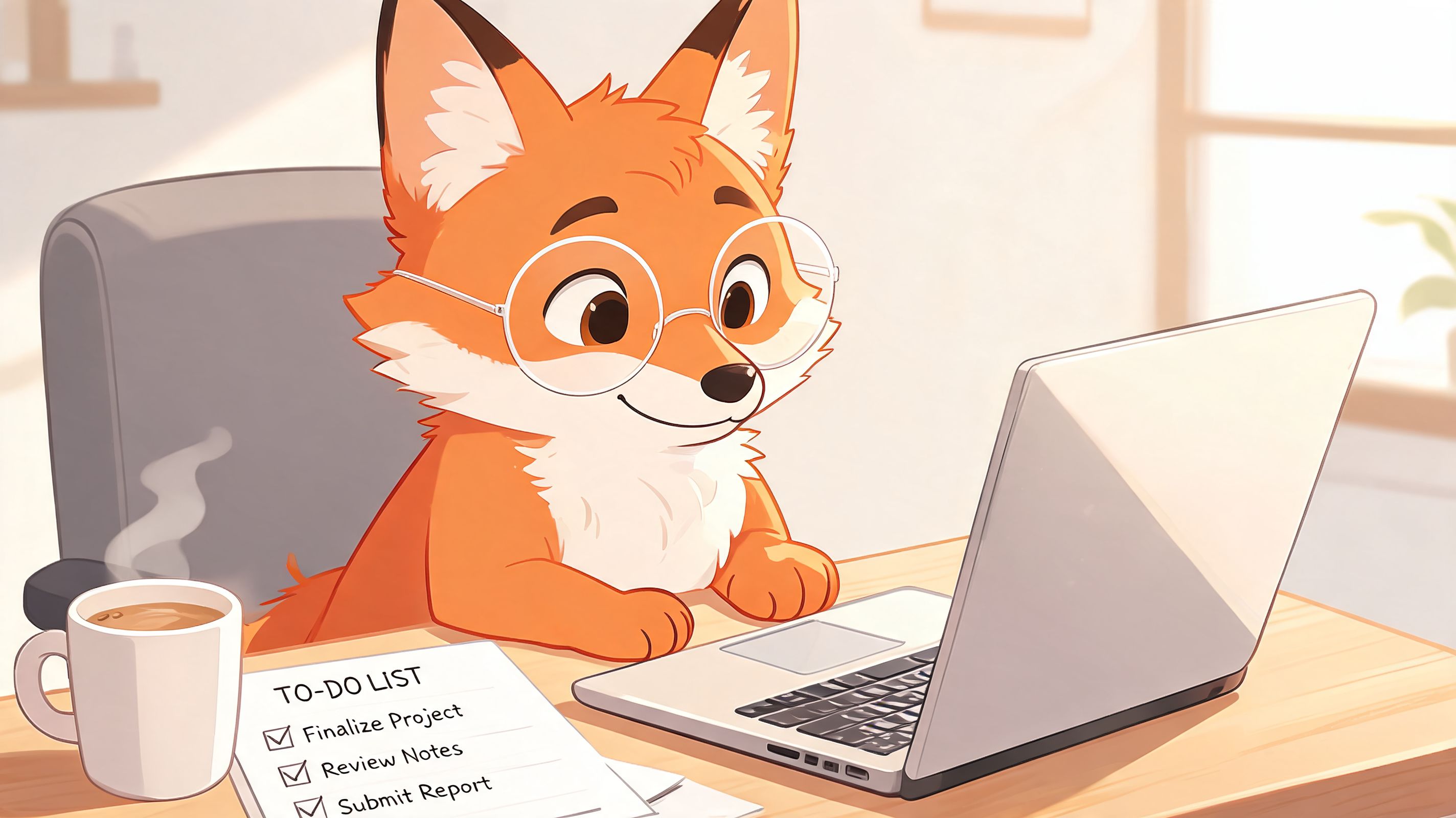 A cute cartoon fox wearing glasses working on a laptop at a desk with a to-do list.
