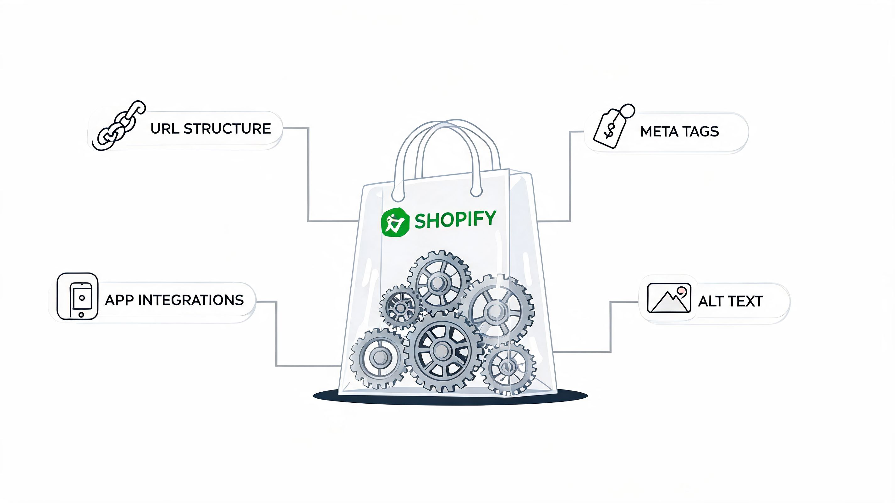 A graphic illustration of a Shopify shopping bag containing gears, representing key SEO optimization factors for online stores.