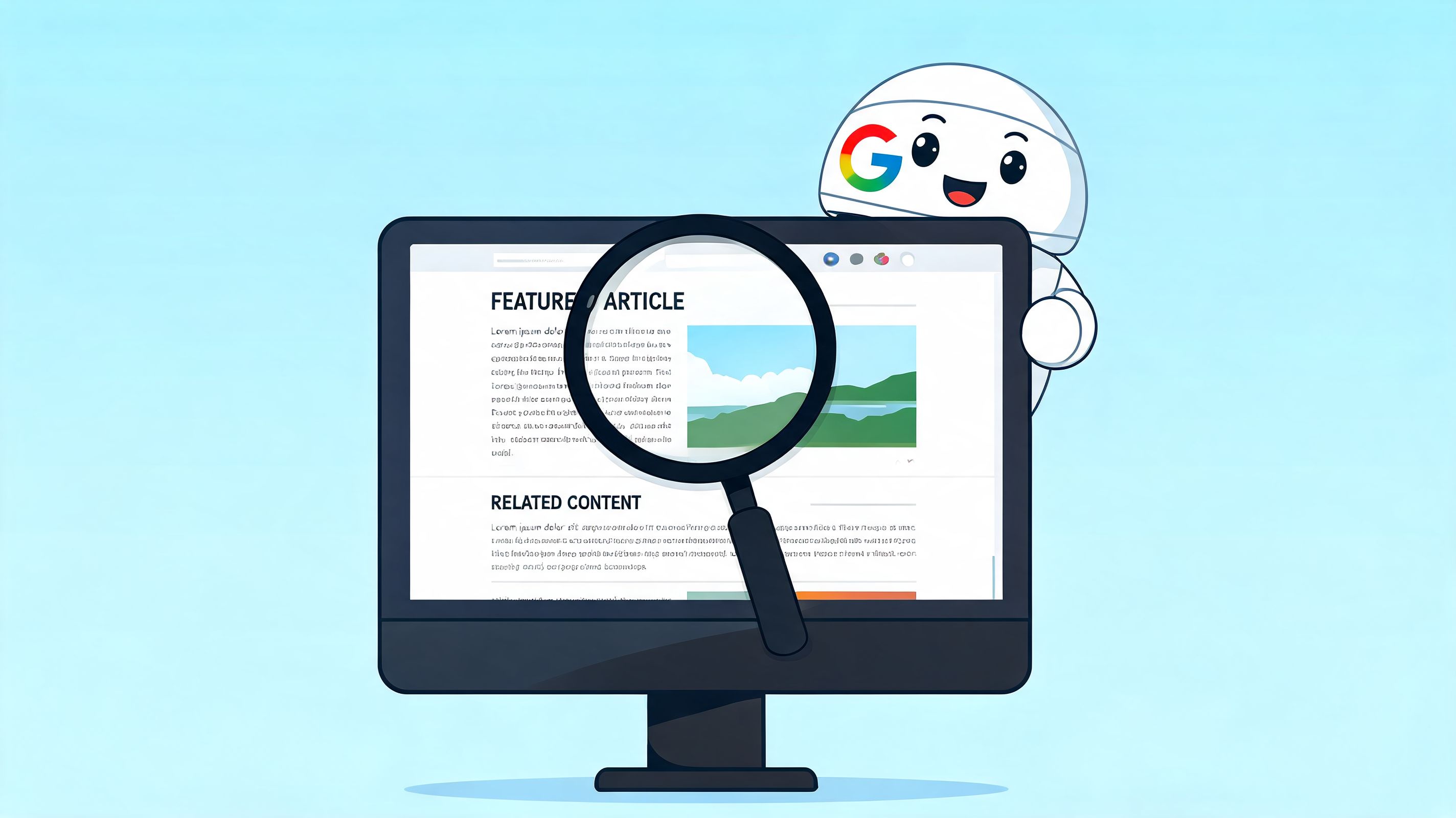 A friendly Google robot assistant using a magnifying glass to inspect a website feature article on screen.