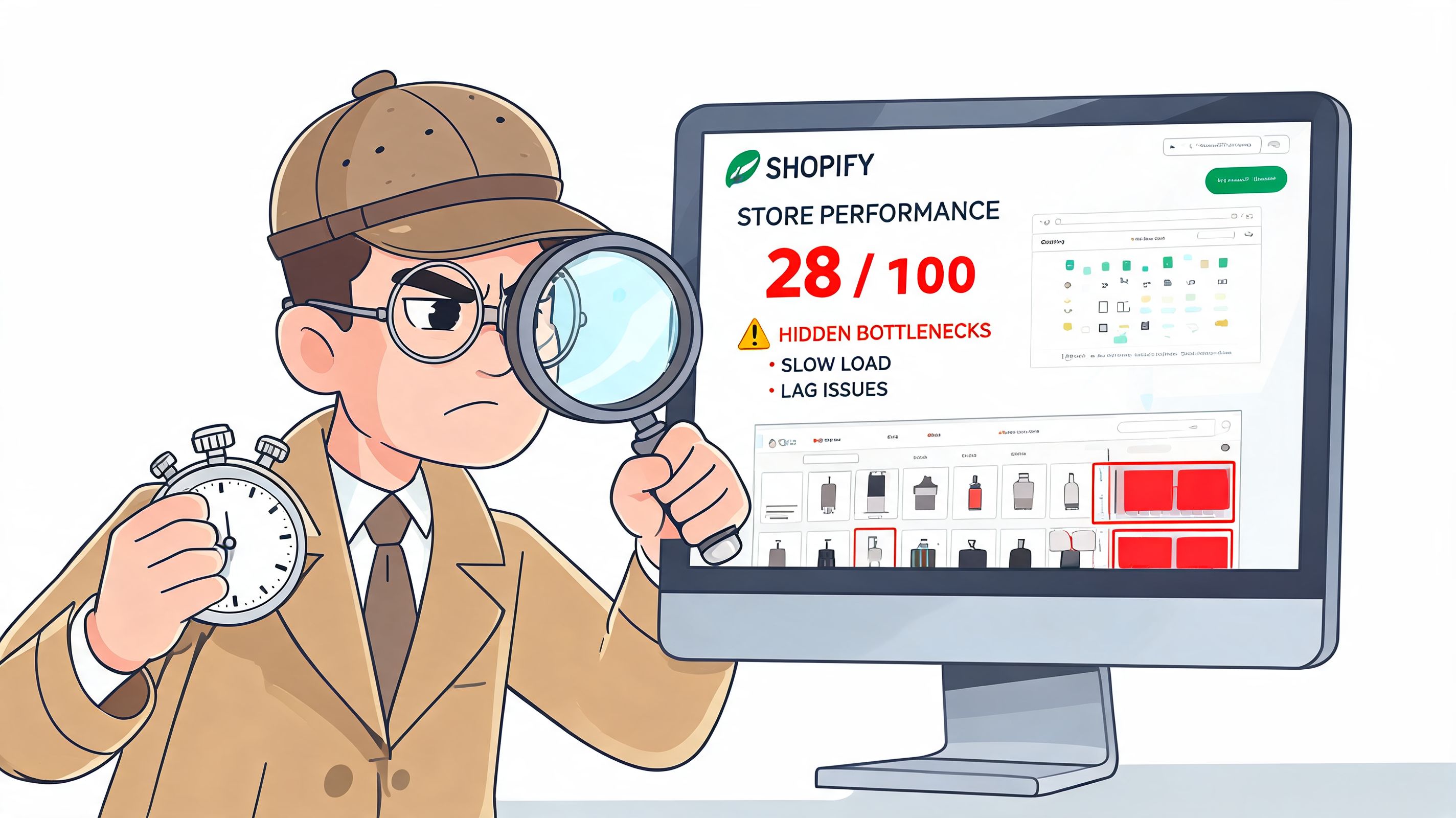 A detective examines a low Shopify store performance score of 28 on a computer screen.