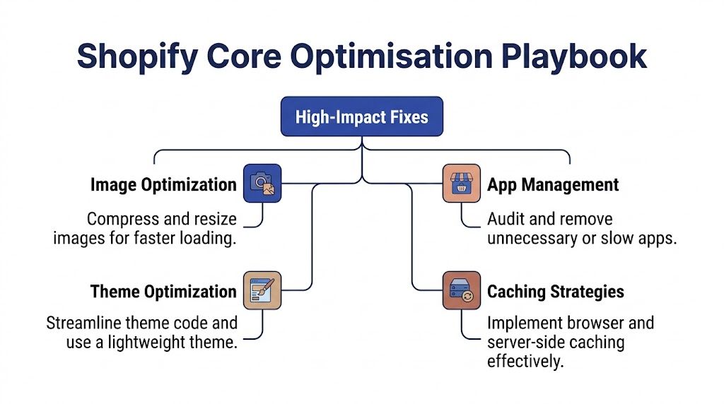 A flowchart titled Shopify Core Optimisation Playbook detailing four high-impact strategies for improving website performance.