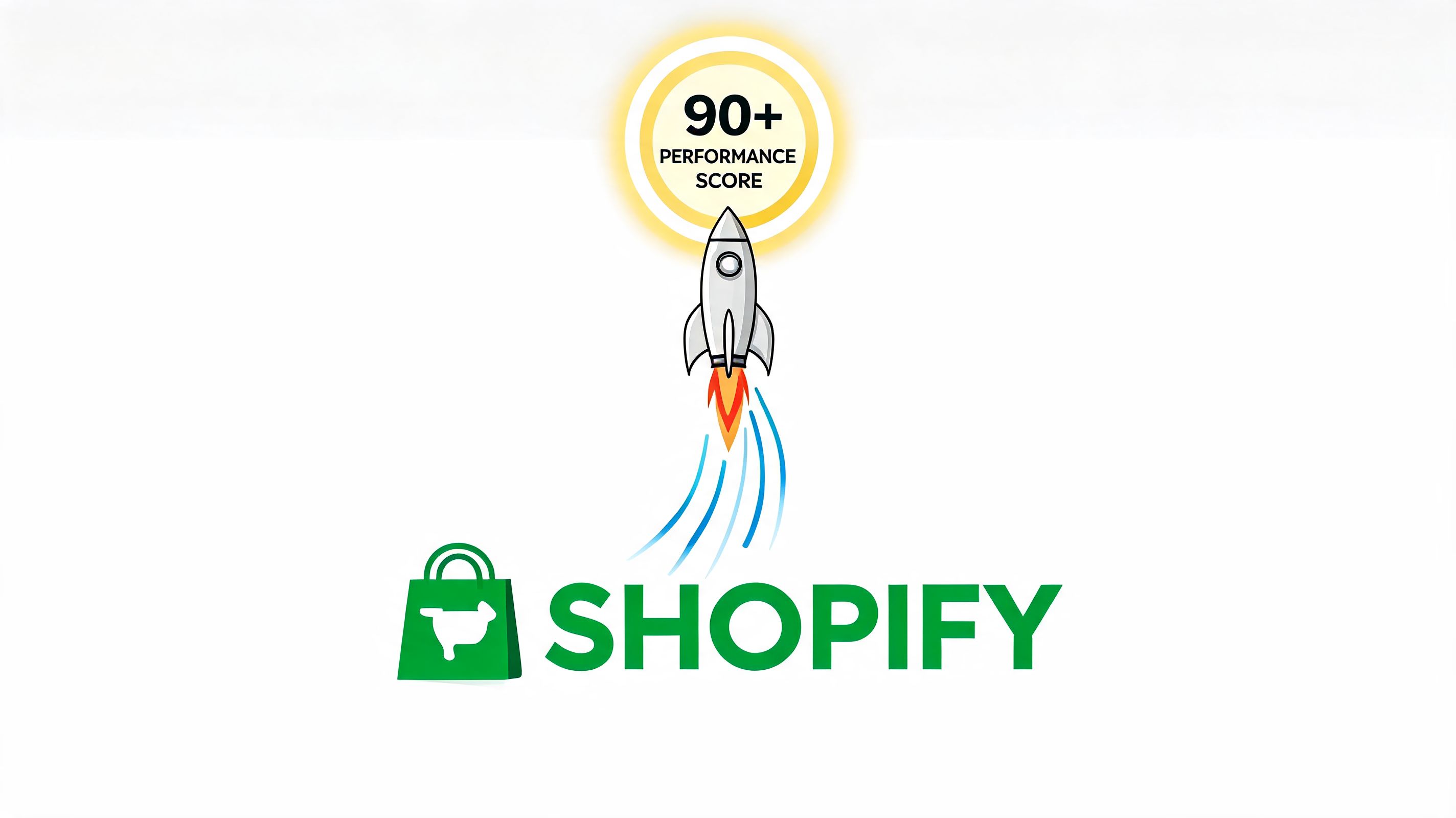 A rocket launching from a Shopify shopping bag representing a high performance score for e-commerce websites.