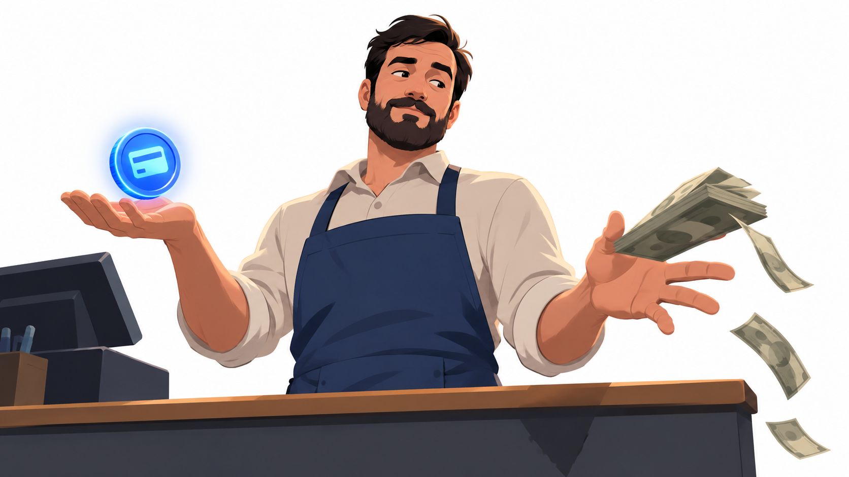 A store clerk weighing digital payment methods against physical cash in a conceptual illustration.