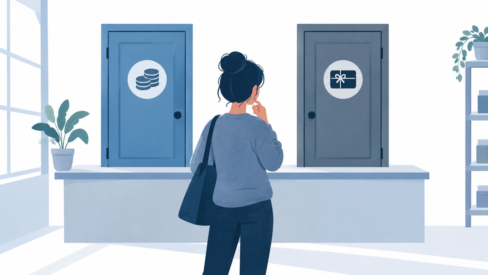 A woman standing between two doors, deciding between choosing a cash option or a gift card reward.