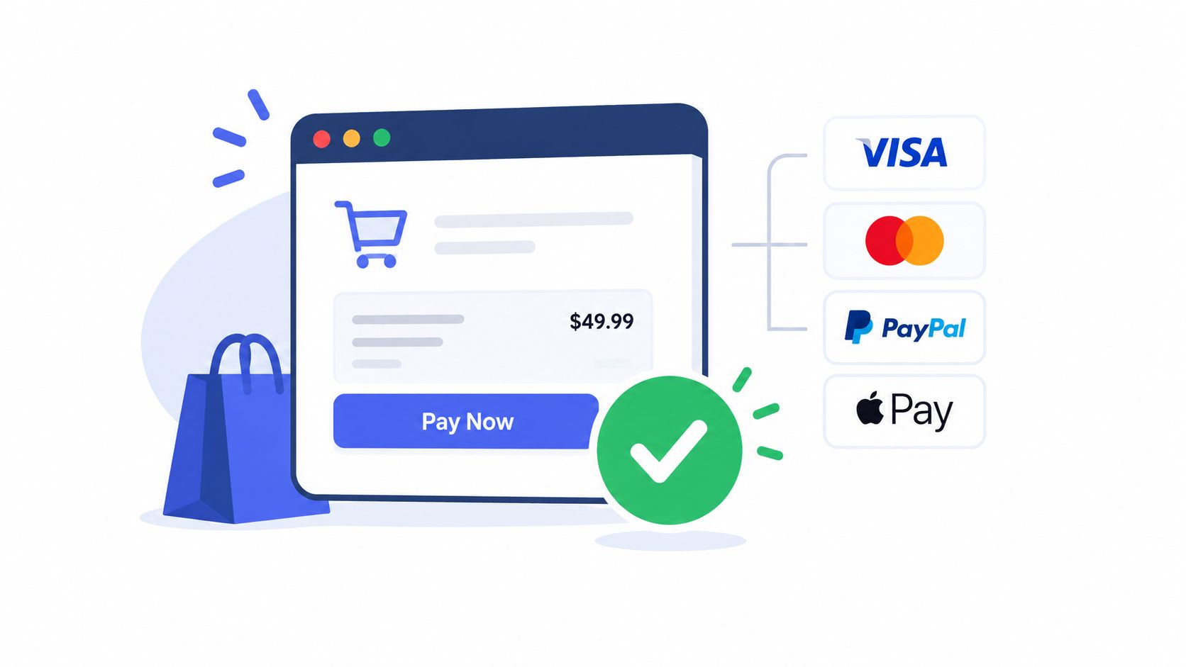 A digital illustration representing an e-commerce checkout process with various payment options and a successful transaction indicator.
