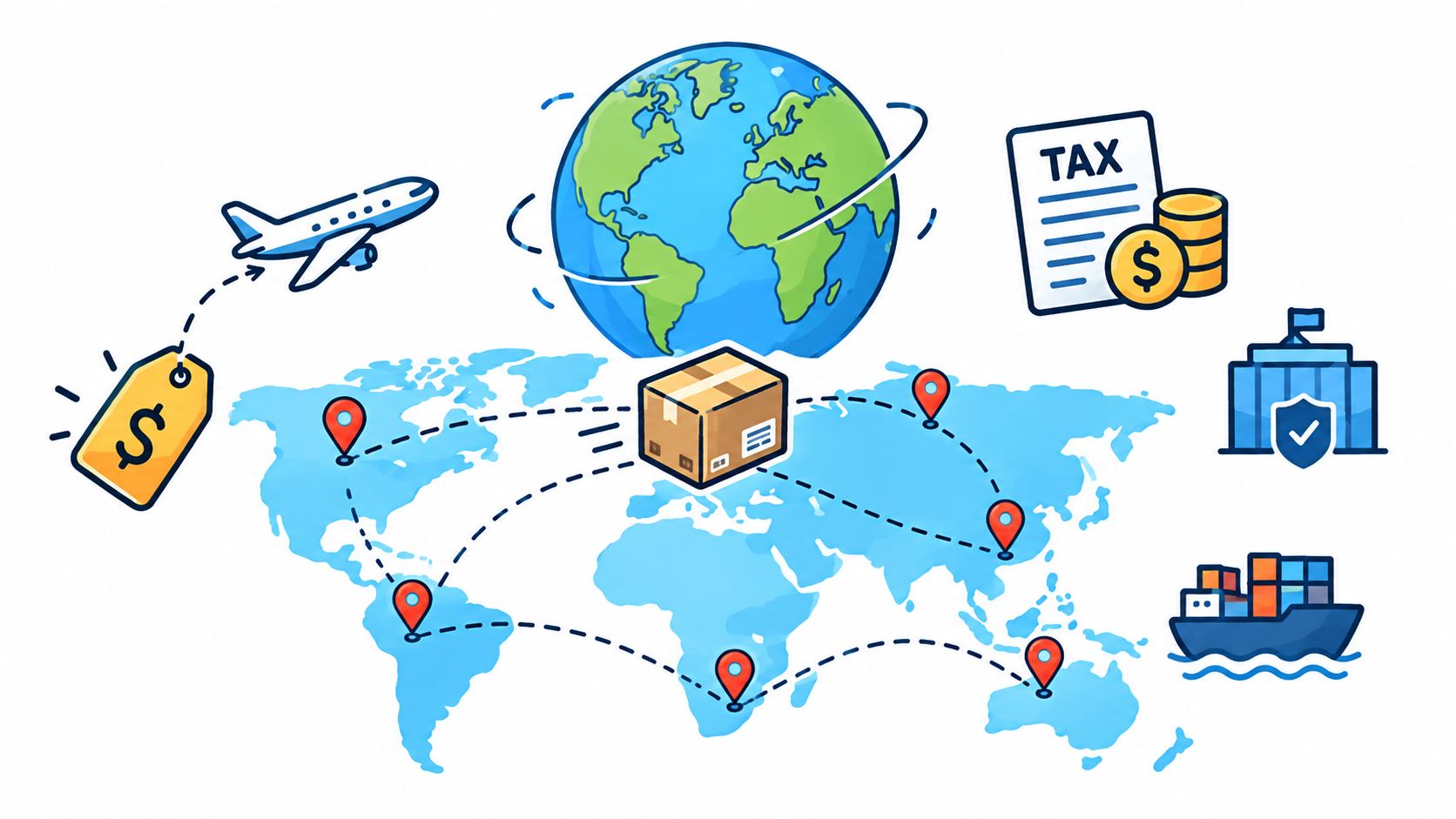A digital illustration showing global shipping logistics, international trade, customs tax, and worldwide package delivery connectivity.