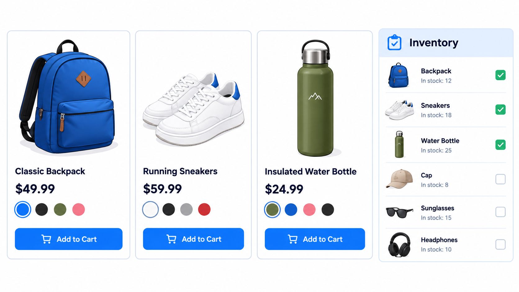 A digital storefront showcasing product cards for a backpack, sneakers, and water bottle with an inventory list.