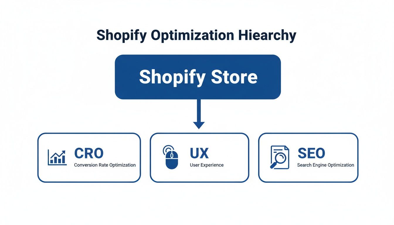 Diagram showing Shopify Store optimization hierarchy with Conversion Rate Optimization, User Experience, and Search Engine Optimization.