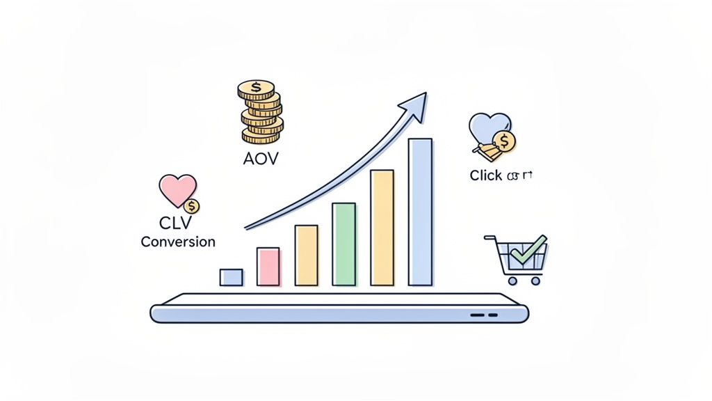 An illustration showing e-commerce growth metrics such as AOV, CLV, and cart clicks on a mobile phone.
