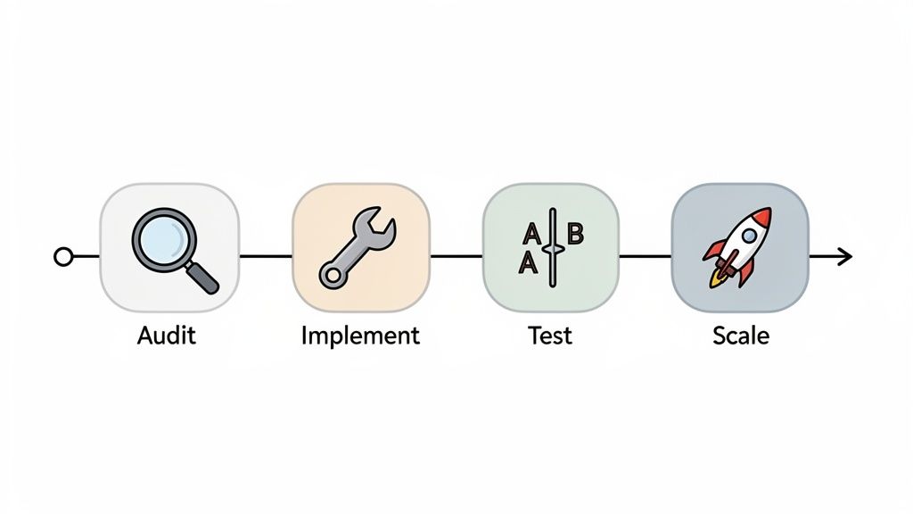 Four-step optimization process diagram: Audit, Implement, Test with A/B icons, and Scale with a rocket.