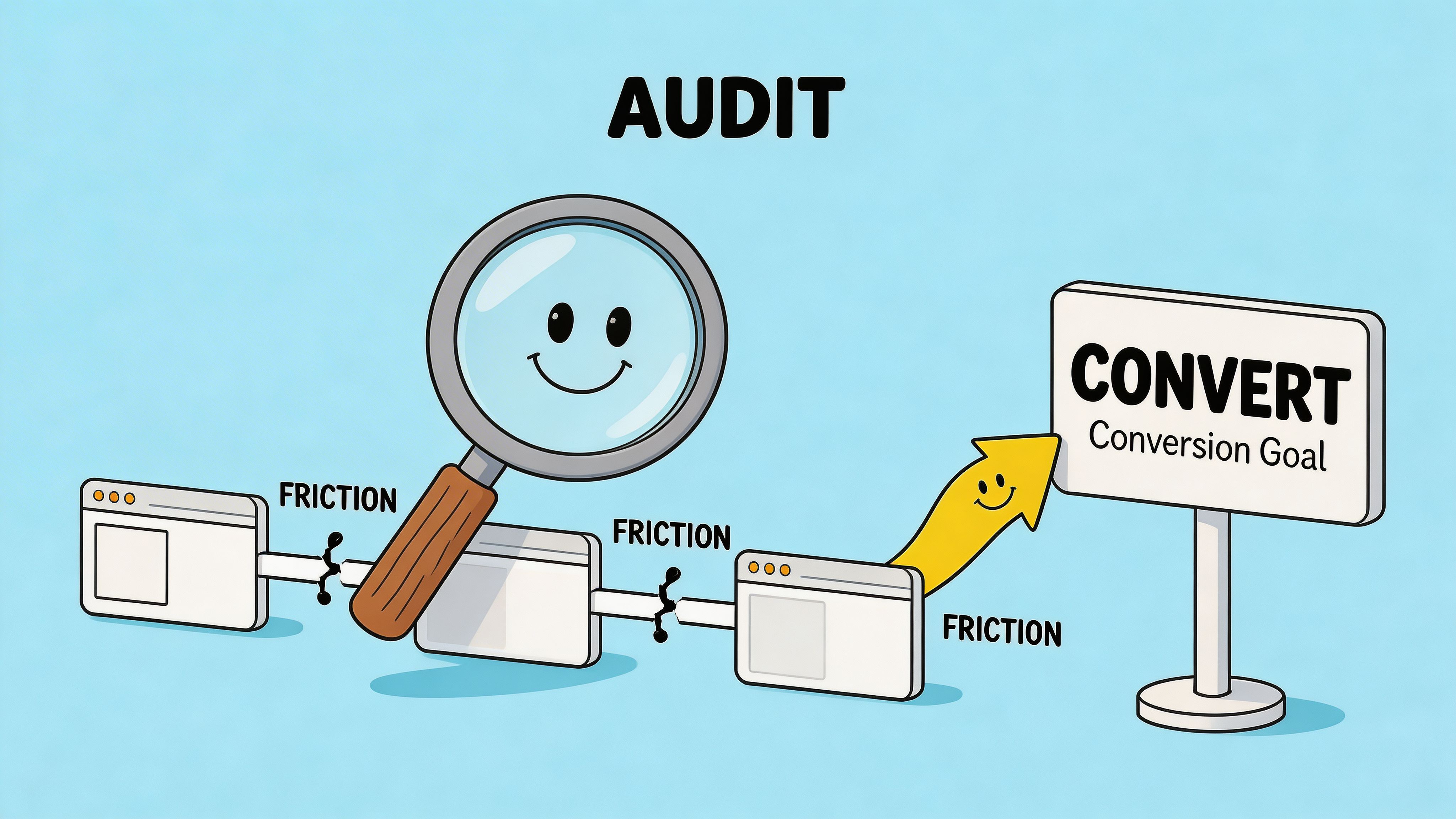 A magnifying glass auditing a website sales funnel to remove friction and improve conversion goals.