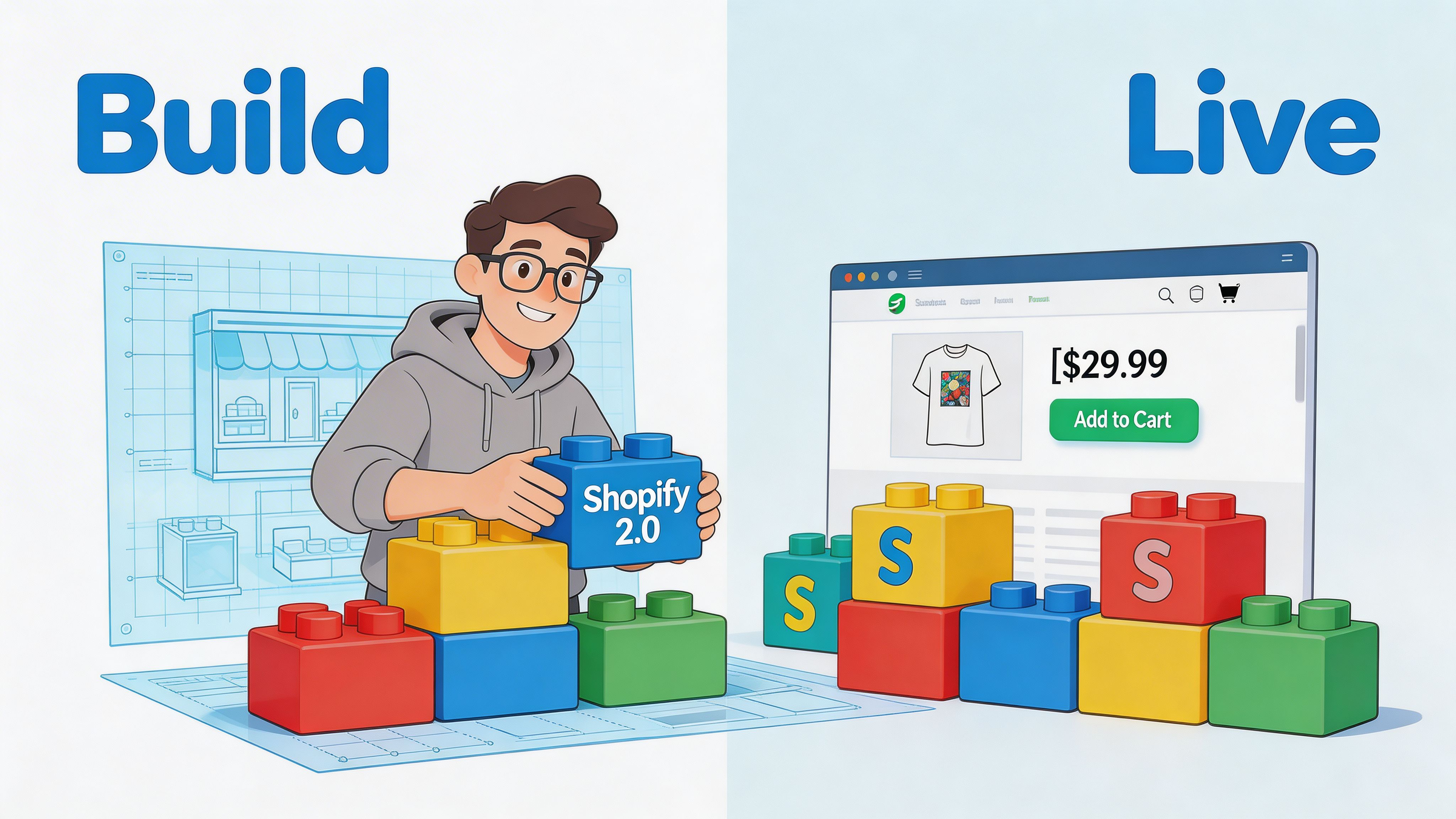 A cartoon illustration showing a person building a Shopify store with blocks alongside a finished online shop.