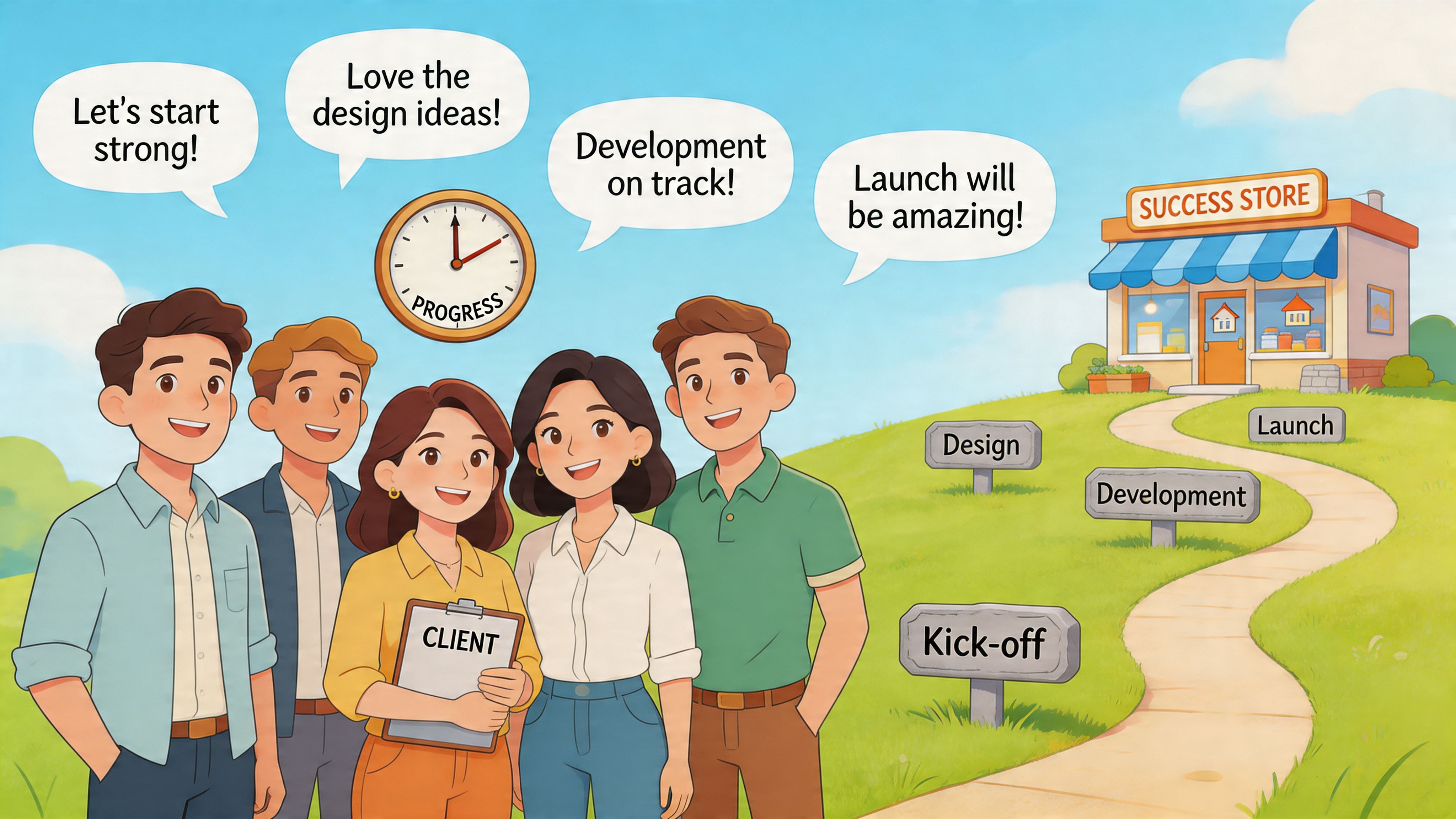 A diverse team of professionals smiling in front of a success store building with a roadmap path.