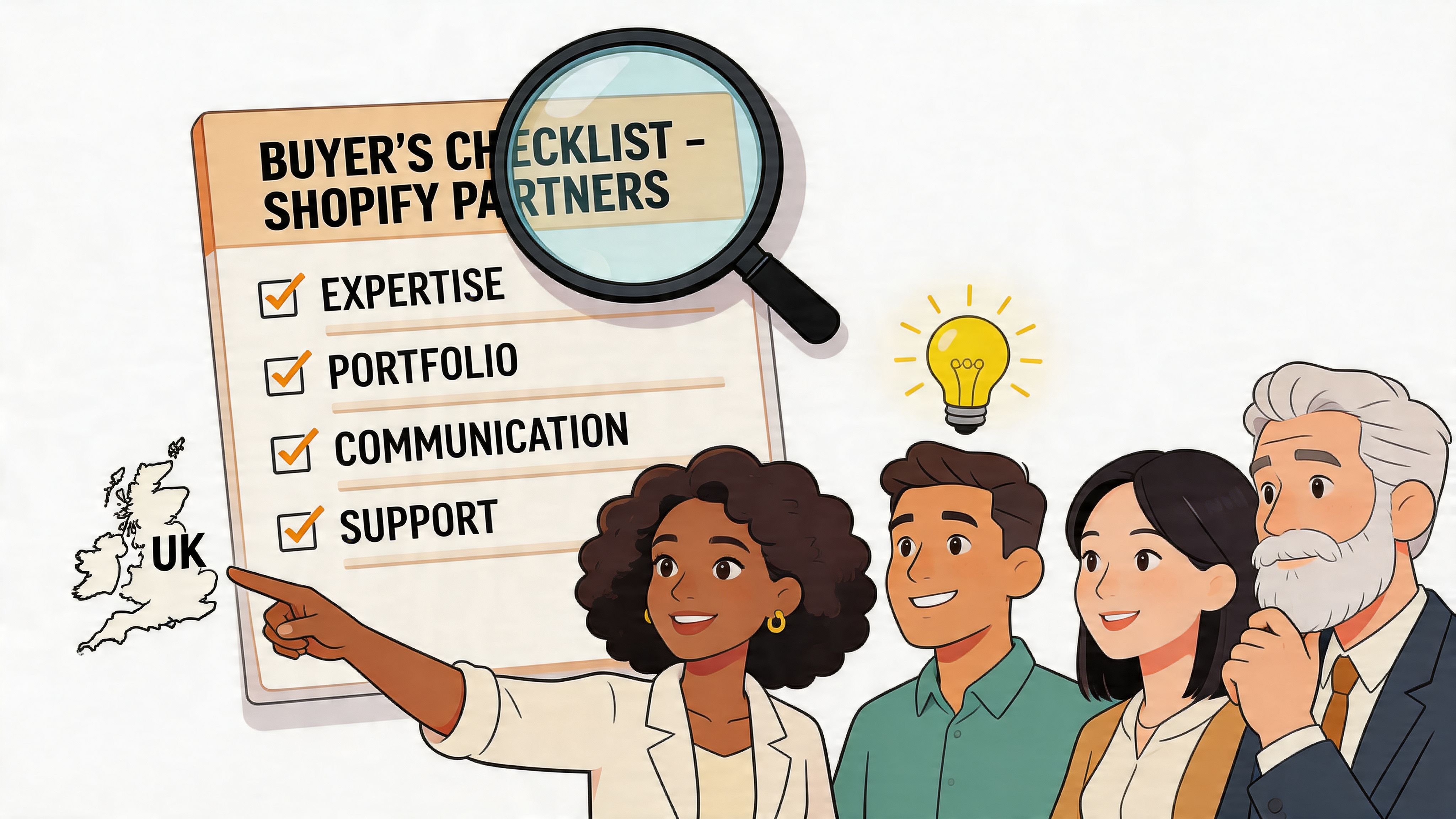 A professional team discussing a buyer's checklist for choosing a Shopify partner in the UK.