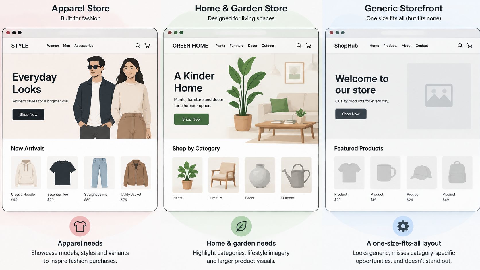 A comparison of three e-commerce store templates, highlighting specialized layouts for apparel, home goods, and generic stores.