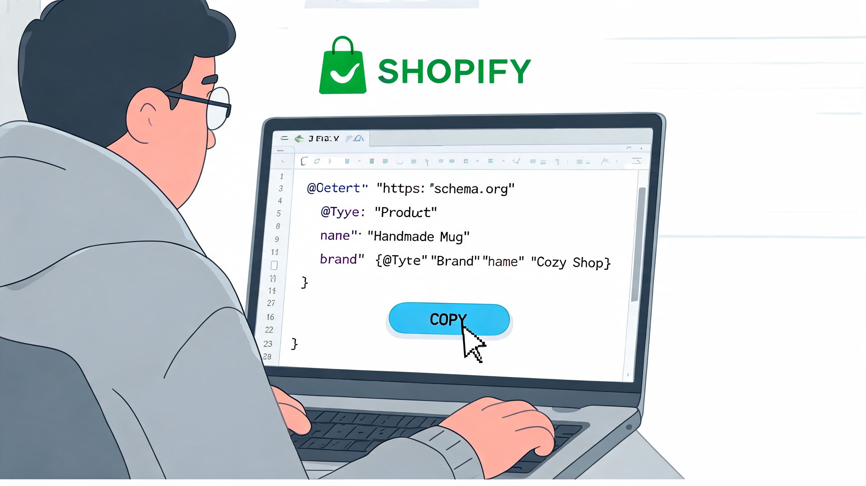 A person working on a laptop displaying Shopify structured data code to improve website search engine optimization.