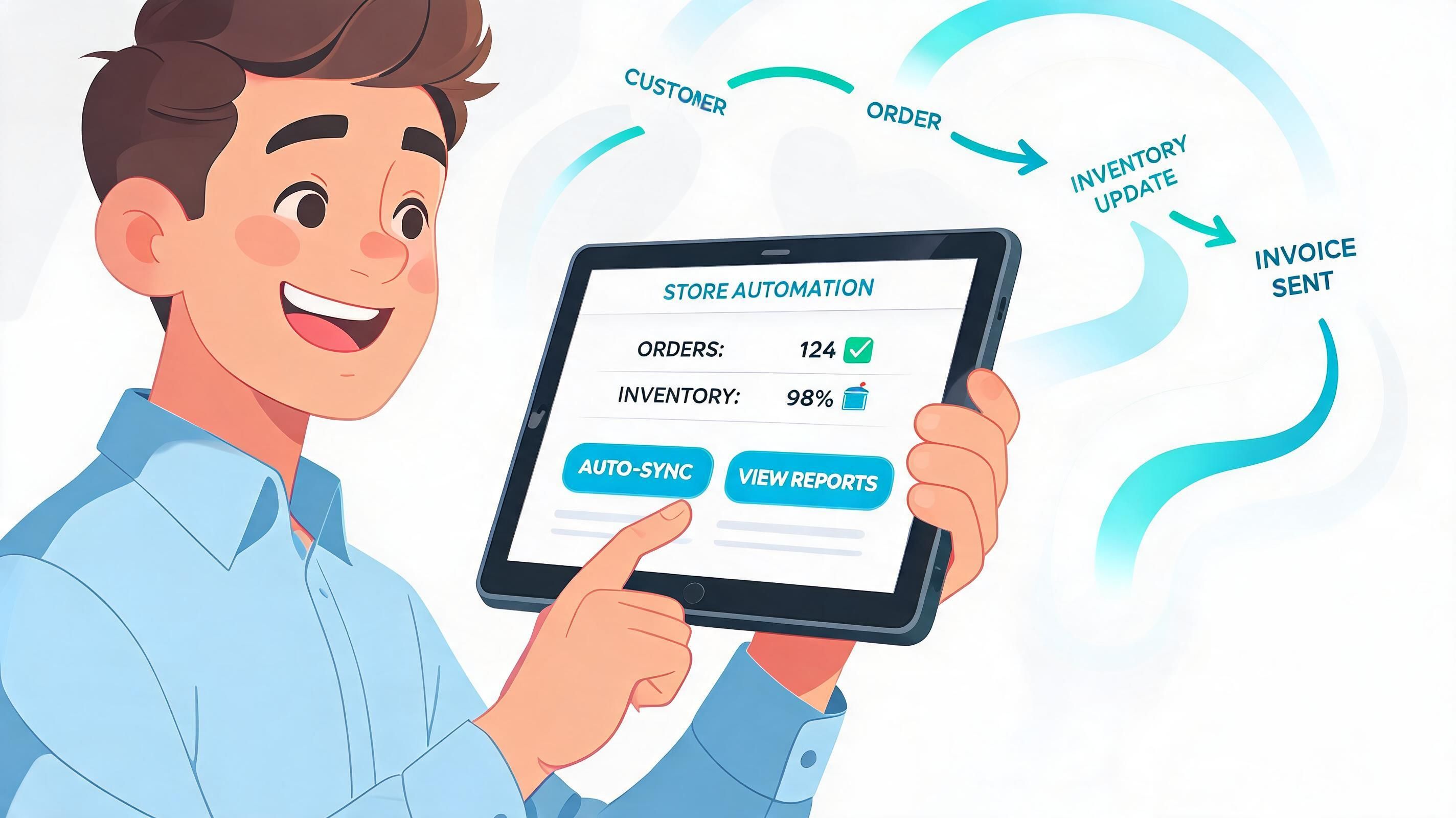 A smiling man using a tablet to manage store automation processes like orders and inventory updates.