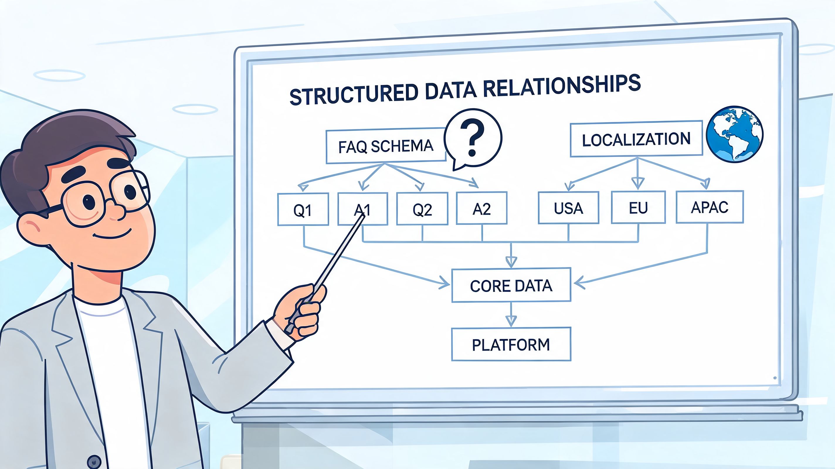 A professional presenting a flowchart about structured data relationships, including FAQ schema, localization, and core data integration.