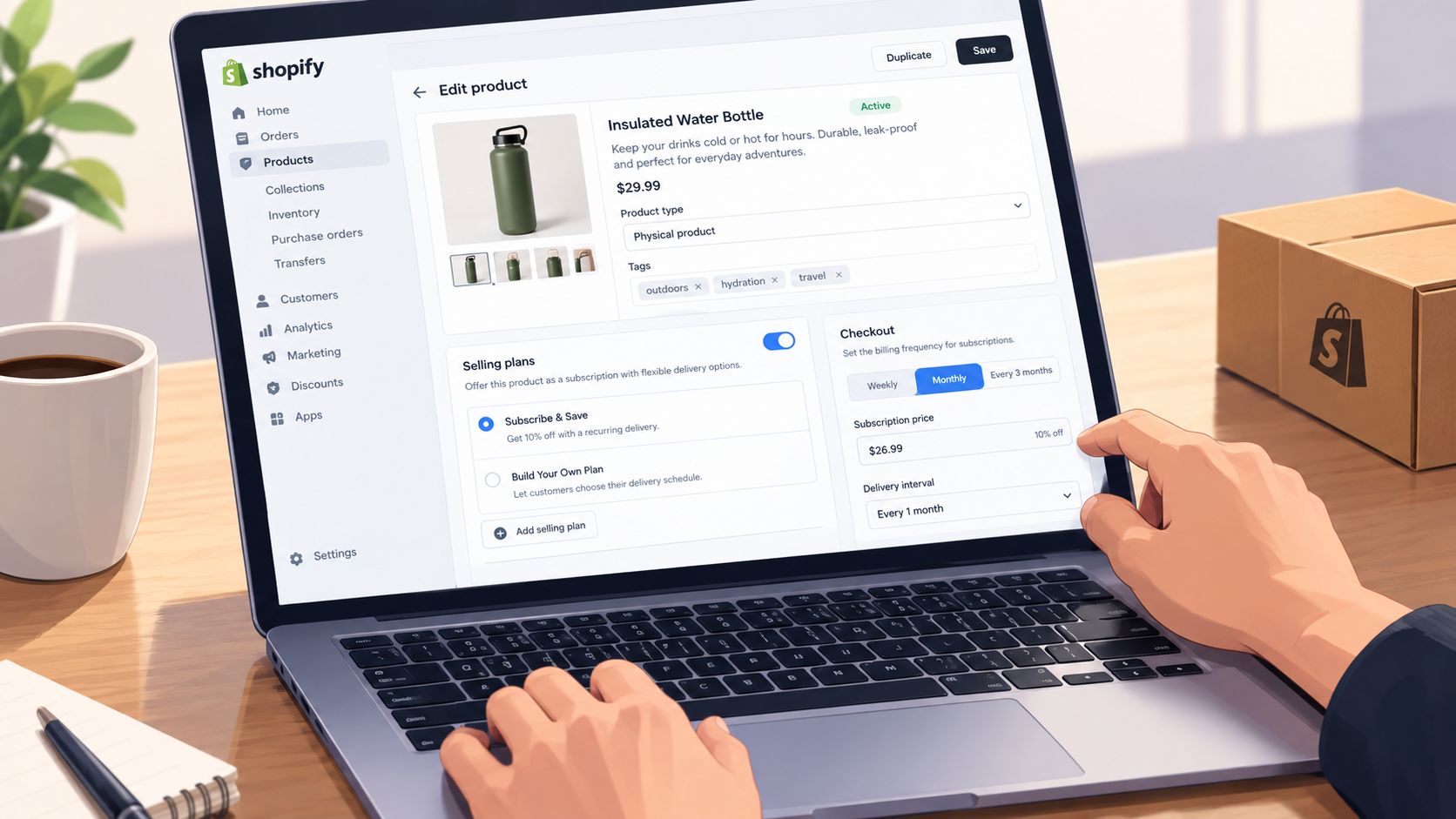 A person using a laptop to edit product settings in the Shopify dashboard for a subscription box.