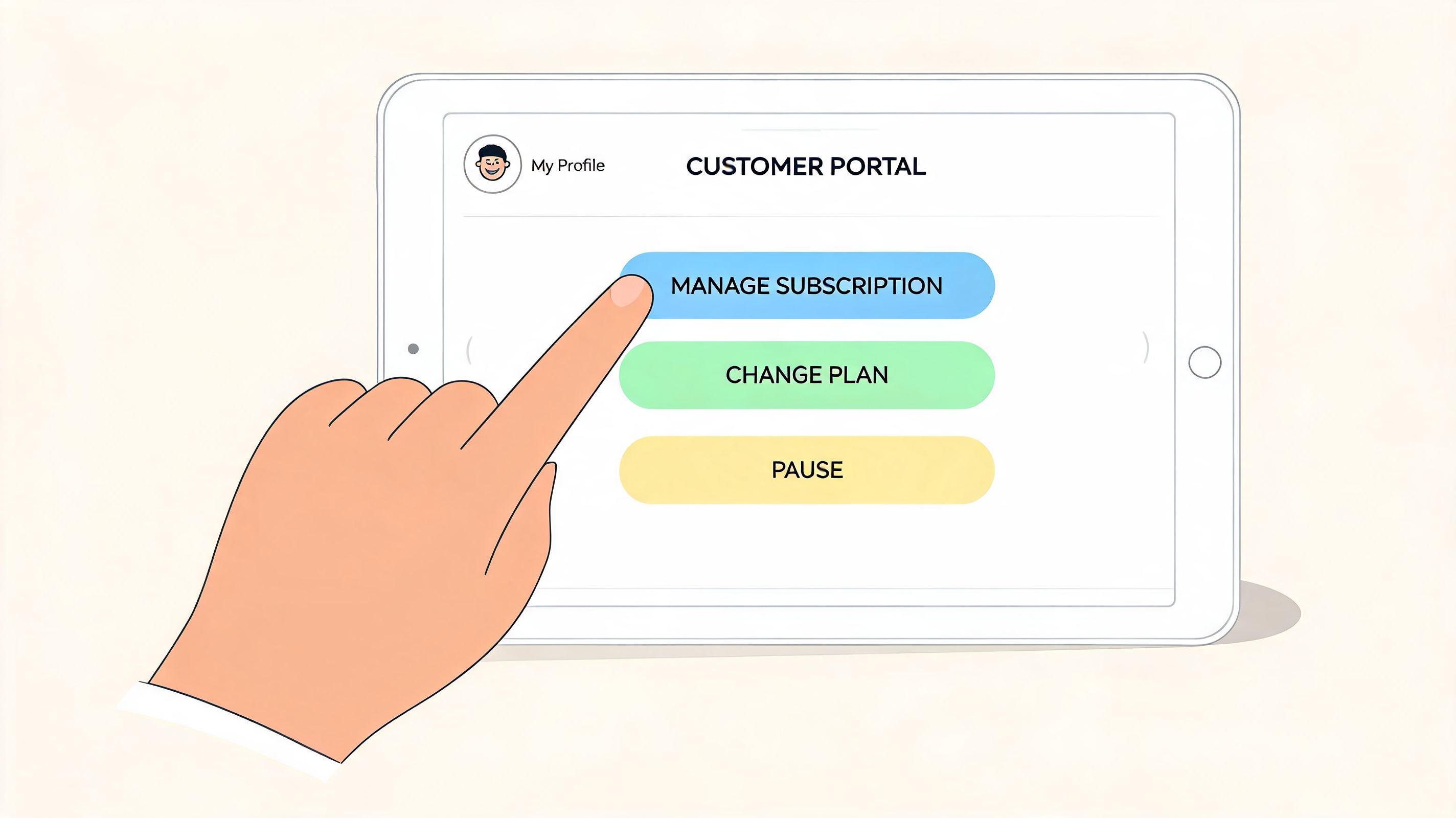 A user's finger selecting the manage subscription button on a digital tablet customer portal screen interface.