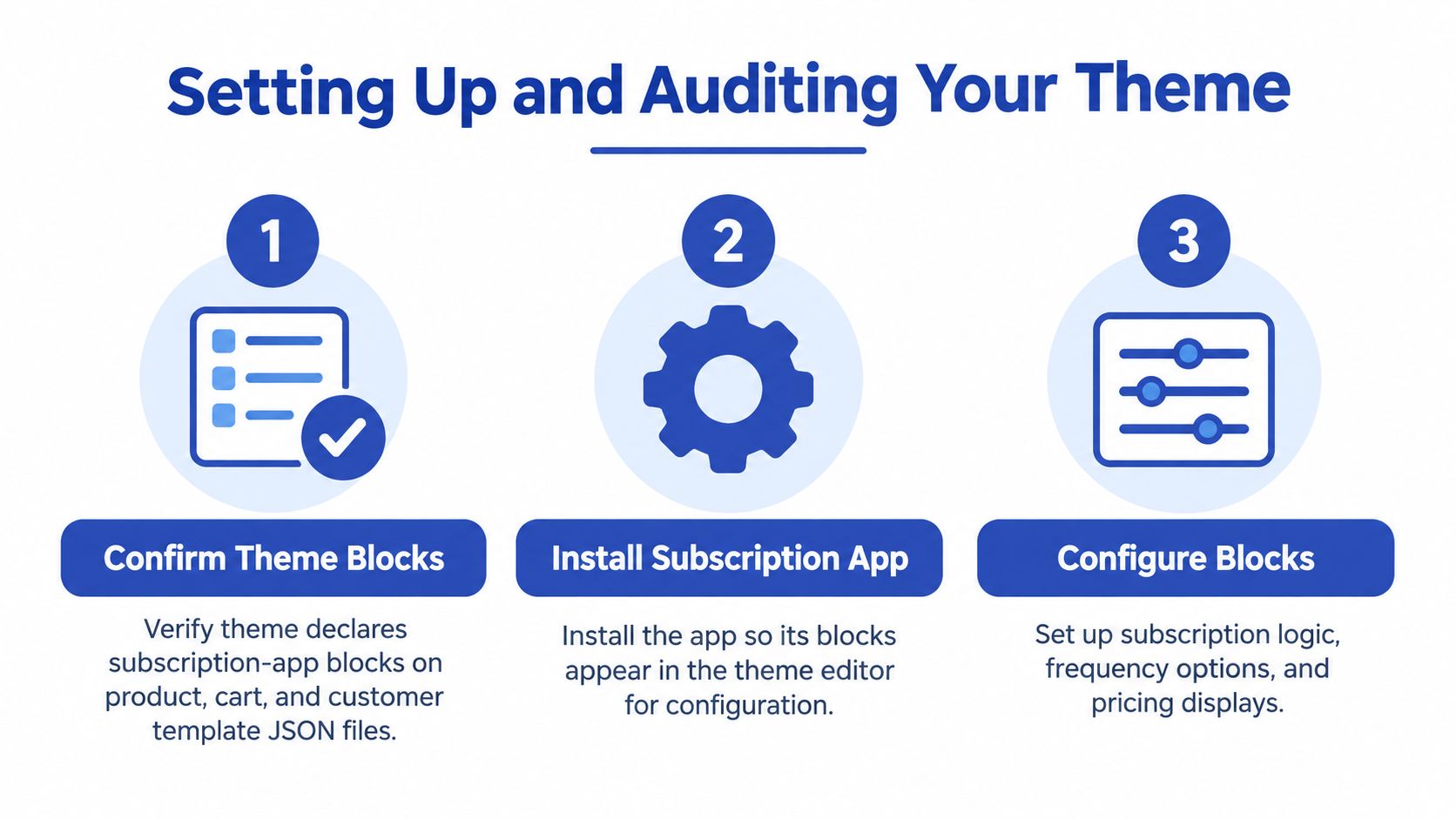 A three-step infographic titled Setting Up and Auditing Your Theme, explaining the process of integrating subscription features.