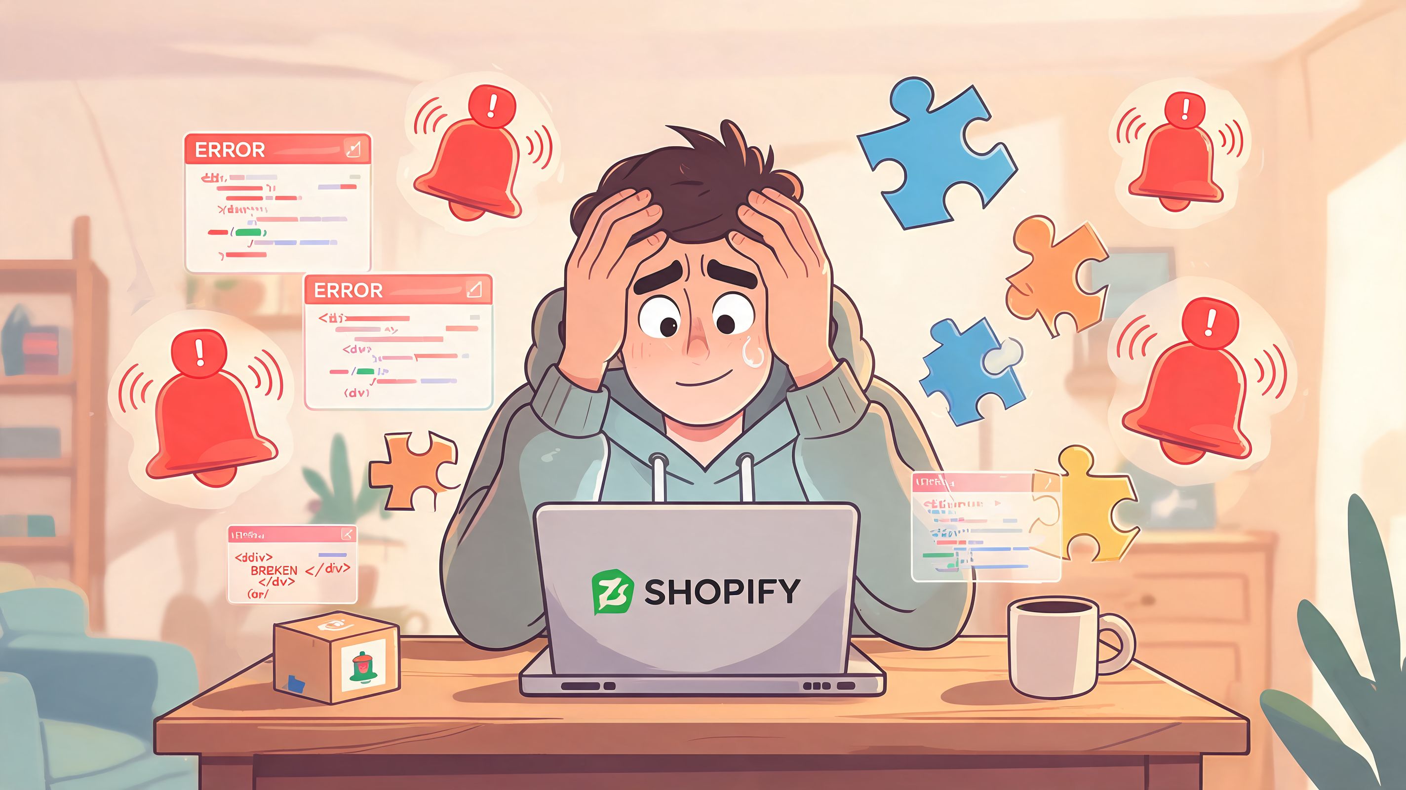A stressed developer working on a laptop with Shopify branding surrounded by error notifications and puzzle pieces.