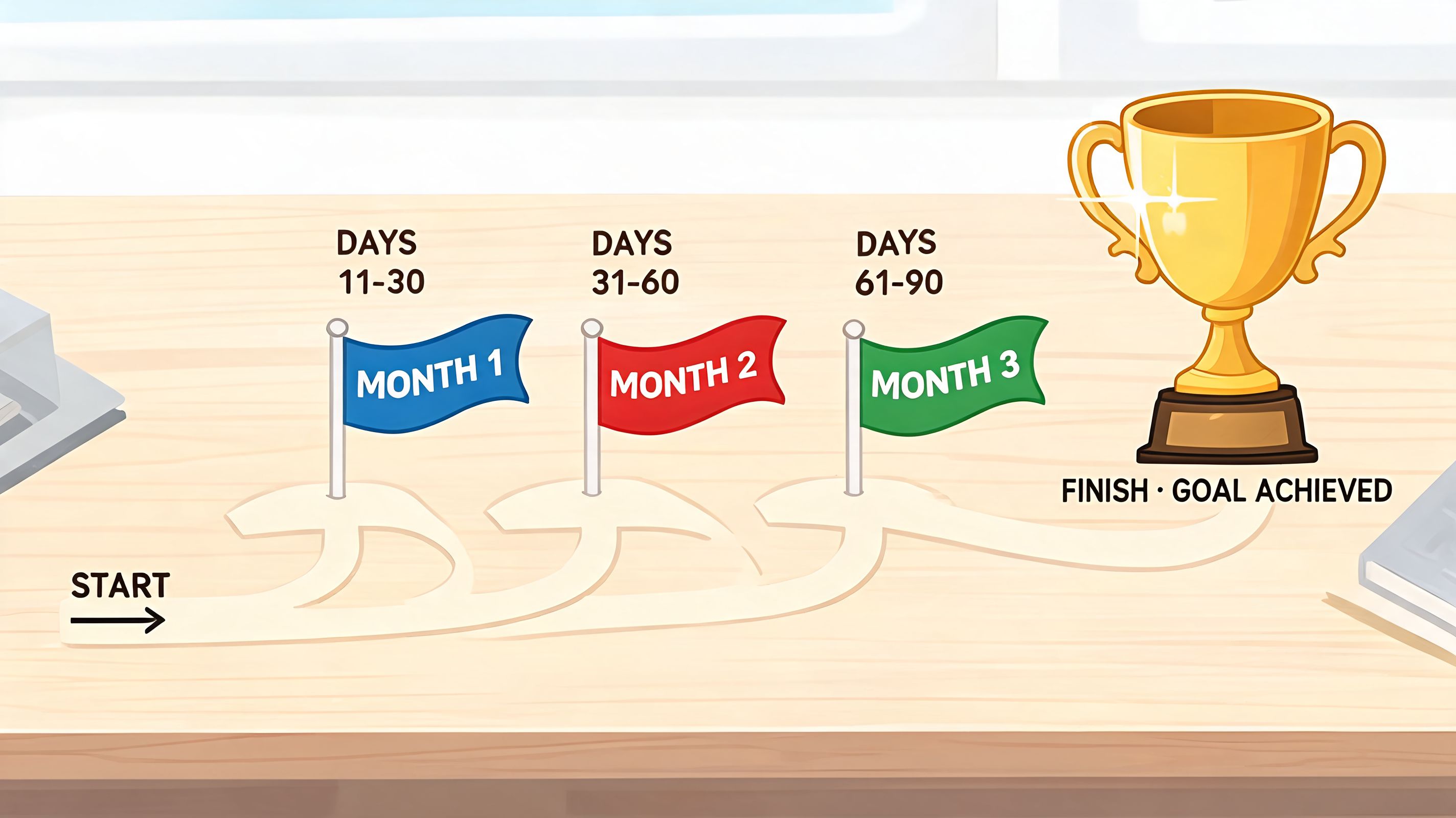 A progress roadmap graphic with three month milestones leading to a gold trophy as a goal.