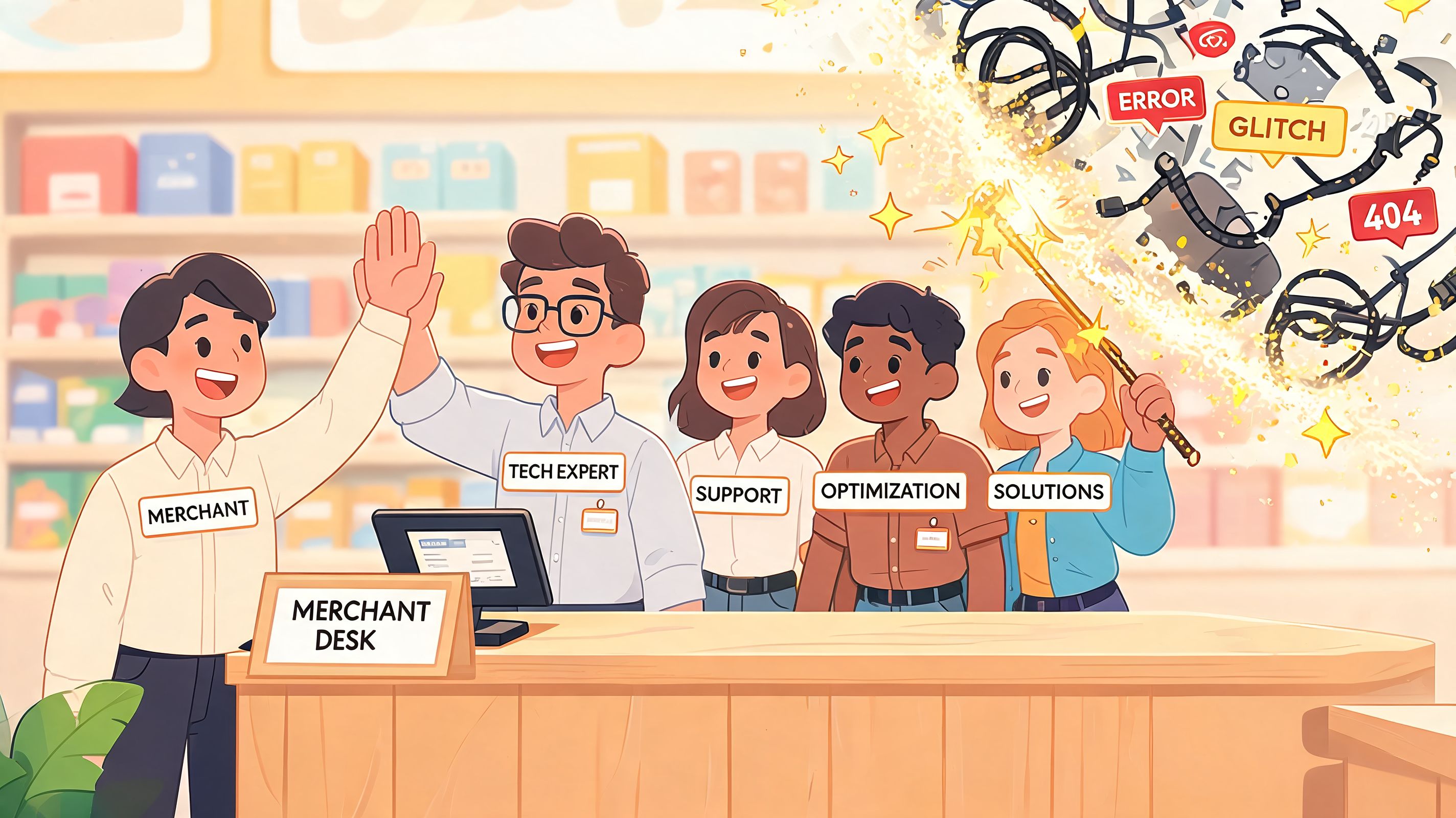 A friendly team of Shopify experts helping a merchant resolve technical website issues with magic.