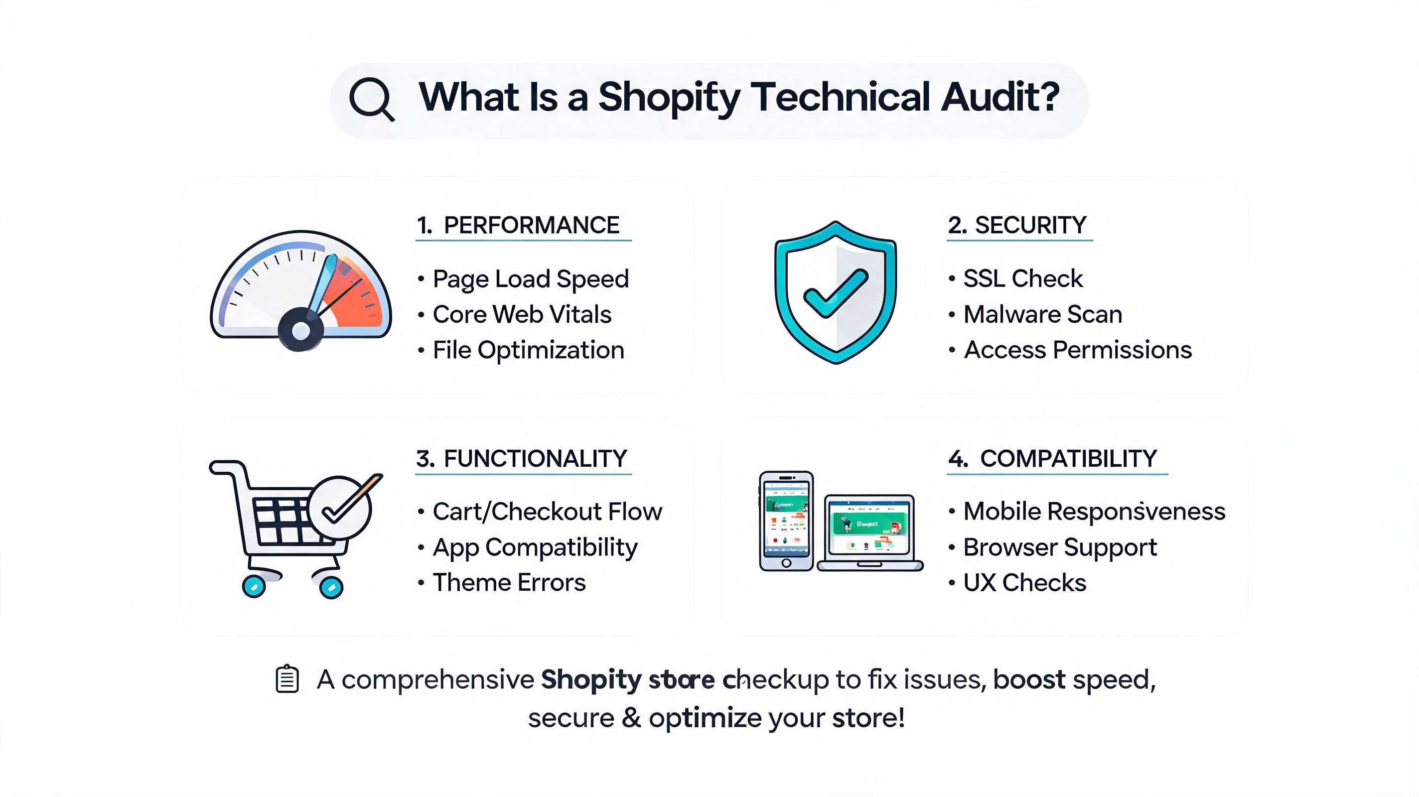 An infographic showing the four key components of a professional Shopify technical audit for e-commerce store optimization.